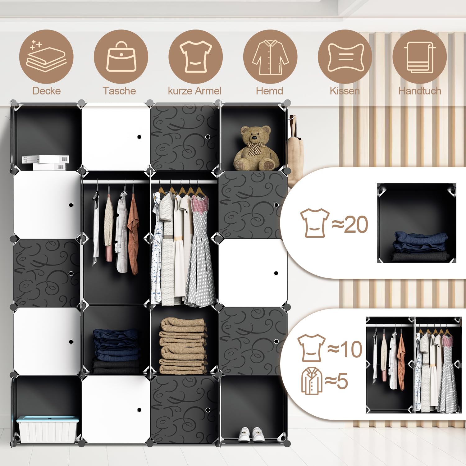 Herrselsam DIY Kleiderschrank Regalsystem 20 Würfel Garderobe Kleiderschrank Offen Kunststoff Garderobe mit Türen Garderobenschrank mit Kleiderbügel & Kleiderhaken(Schwarz und Weiß 175x140x35CM)