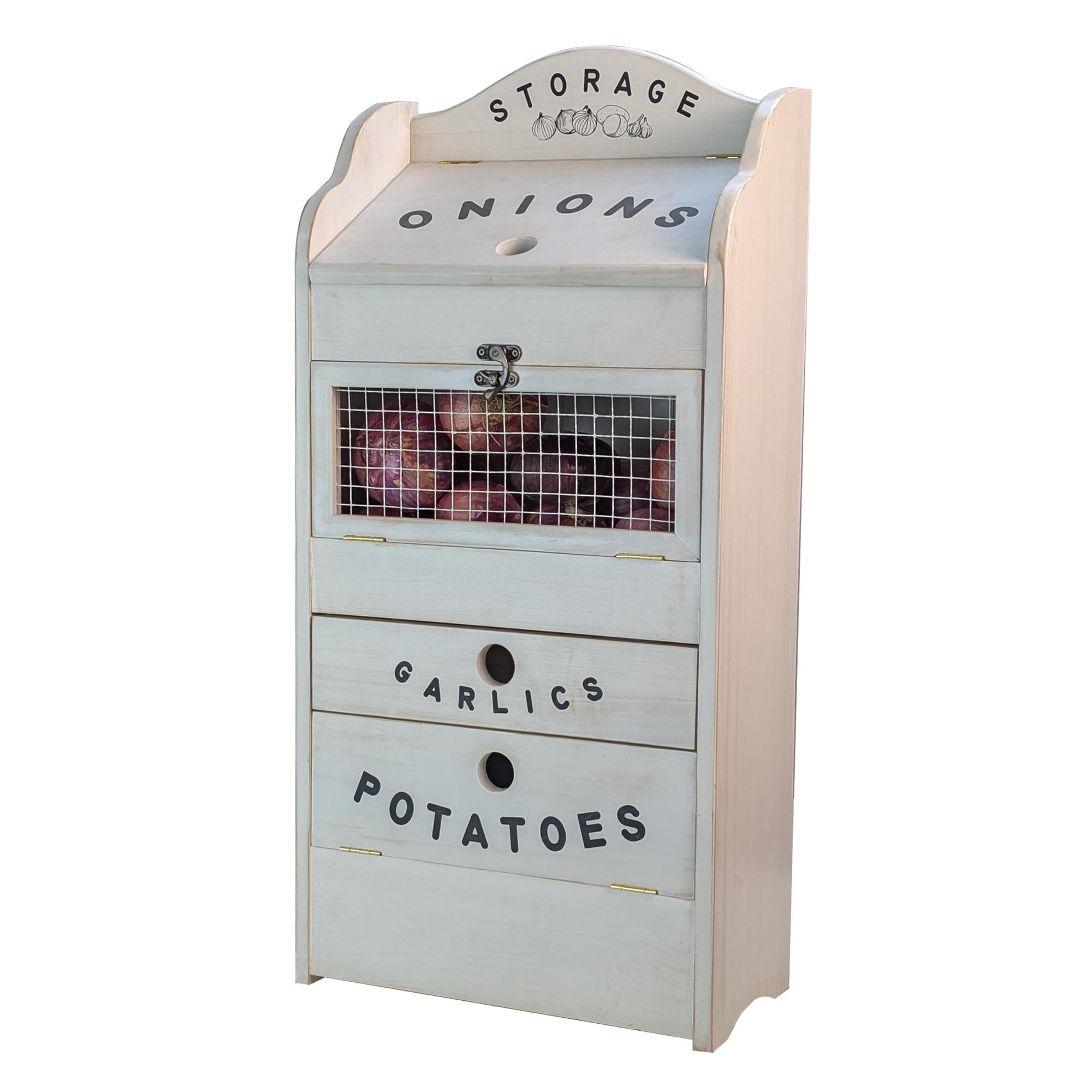 ARTAWEIN Contenitore per verdure in legno di pino per patate, cipolle e 1 cassetto per aglio e verdure, per la conservazione della cucina, contenitore per verdure in legno massiccio, 35 cm di