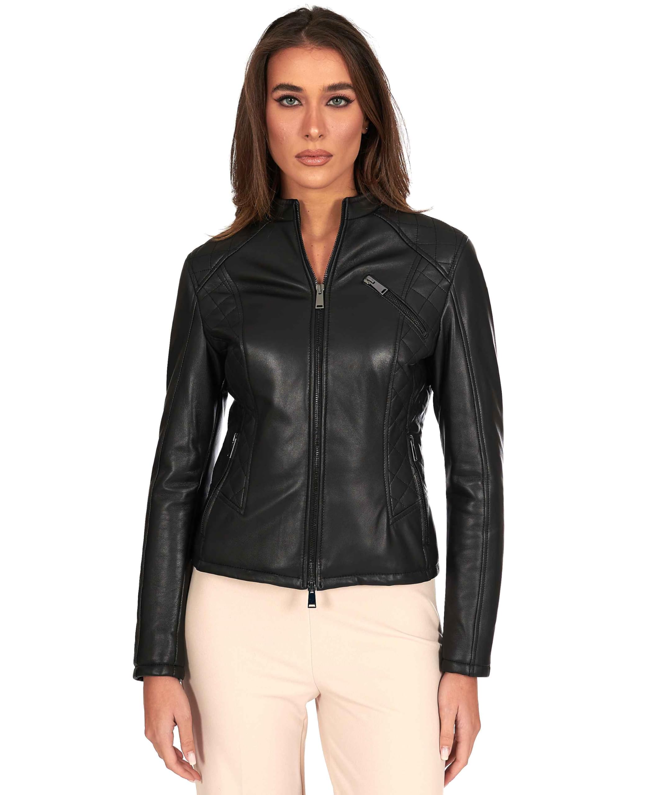 D'Arienzo Giacca in Pelle Donna Nera Trapuntata Giubbino Biker Giubbotto Moto Vera Pelle Made in Italy GENY