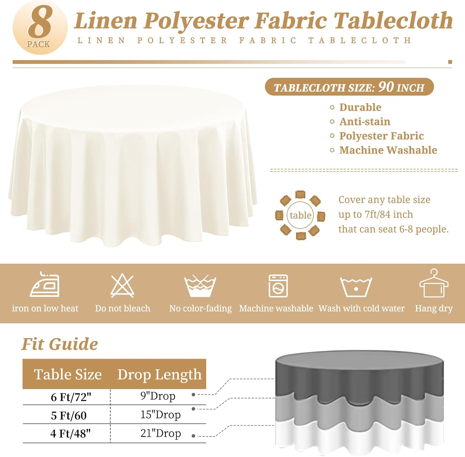 8 Pack Tablecloth - 90 Inch Ivory Round Table Cloth, Polyester Table Cover for Wedding, Party, Banquet, Restaurant Reception Ivory 8 Pack 90 inch Round