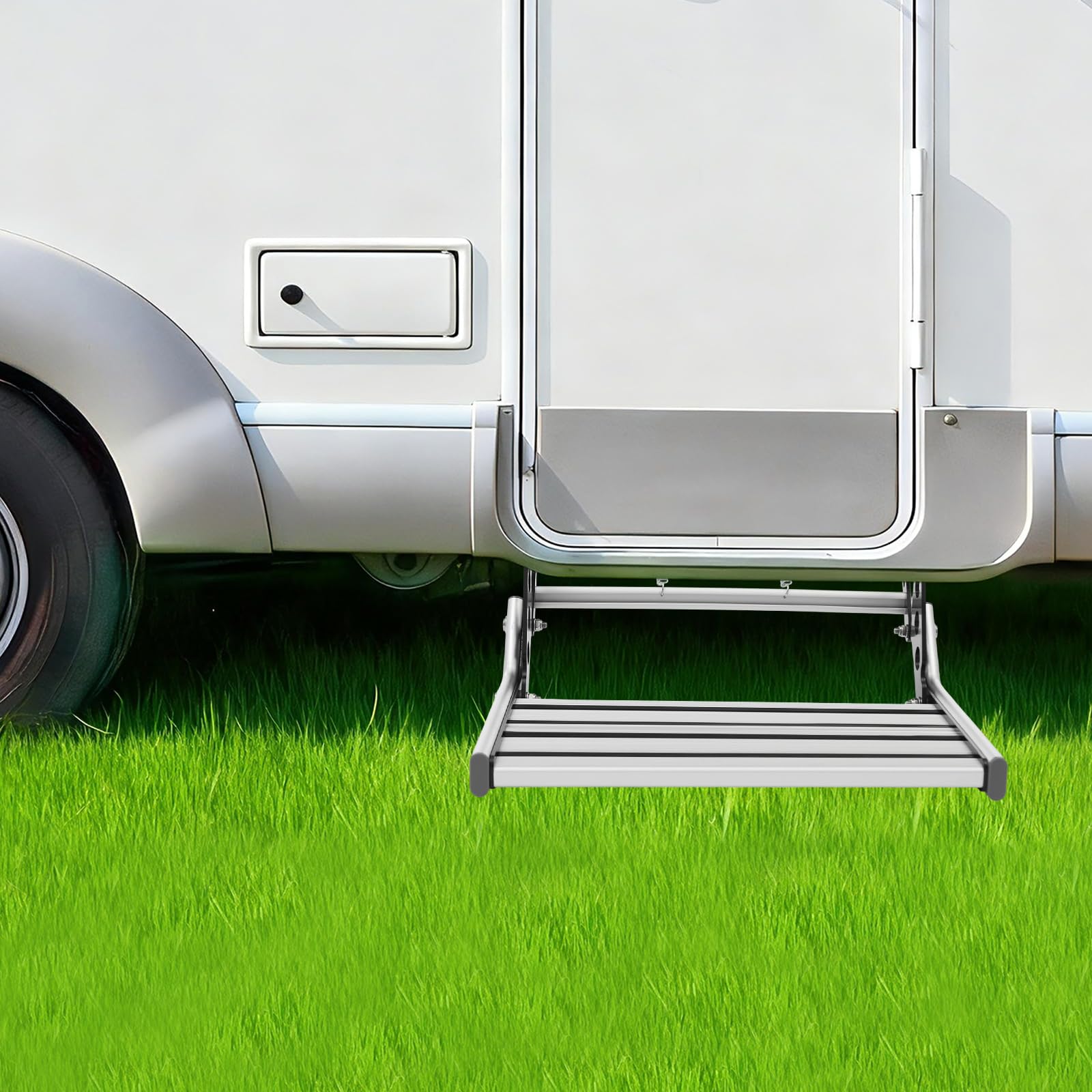 Scalino per camper in alluminio con luce LED, pieghevole, antiscivolo, portata 150 kg, per campeggio e roulotte