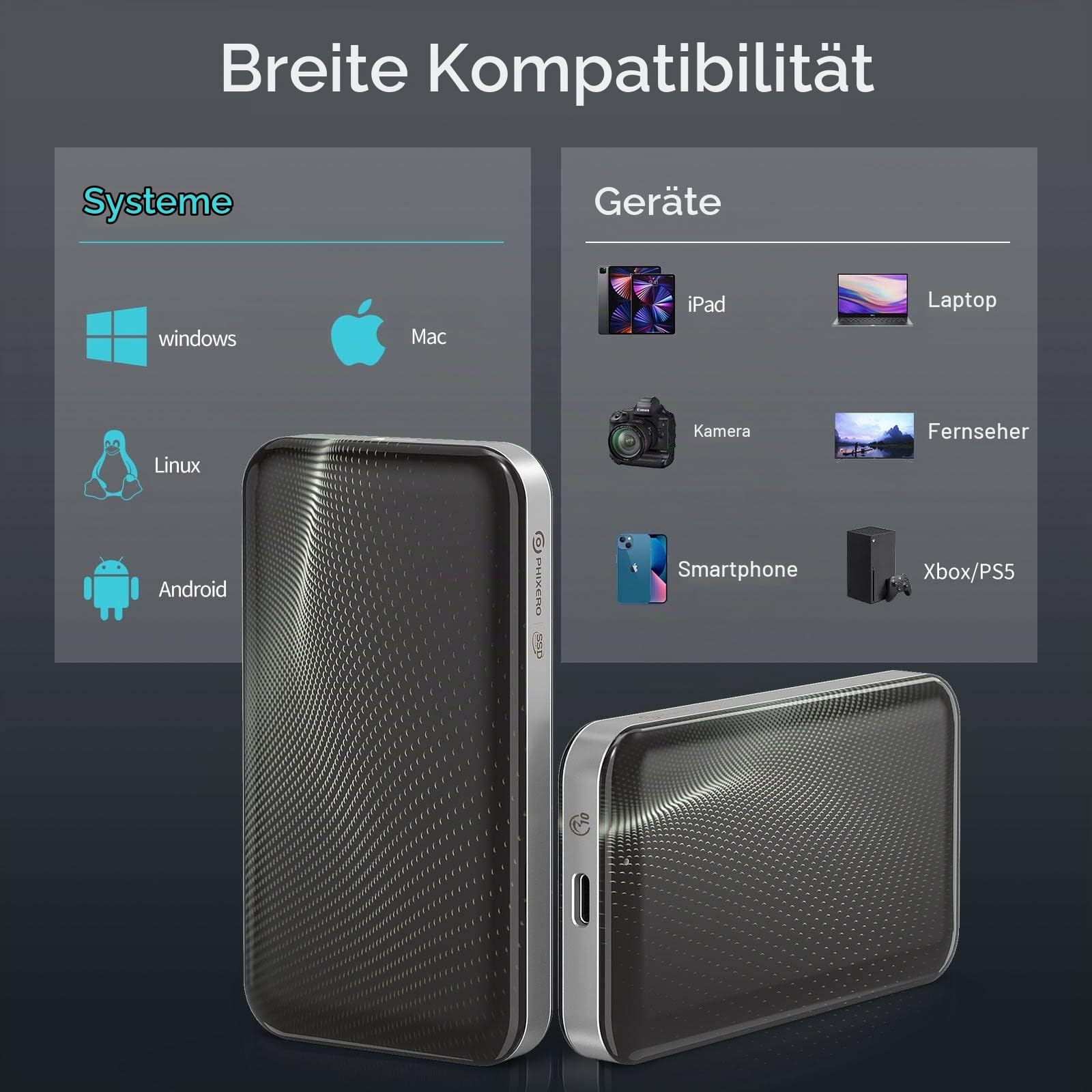 PHIXERO 1TB Externe SSD, USB 3.2 Gen 2 bis zu 1050MB/s SSD Festplatte Extern, High Speed ​​Festplatte Extern für Fotografen und Spiele Kompatibel mit PC, Laptop, Mac und PS4/Xbox