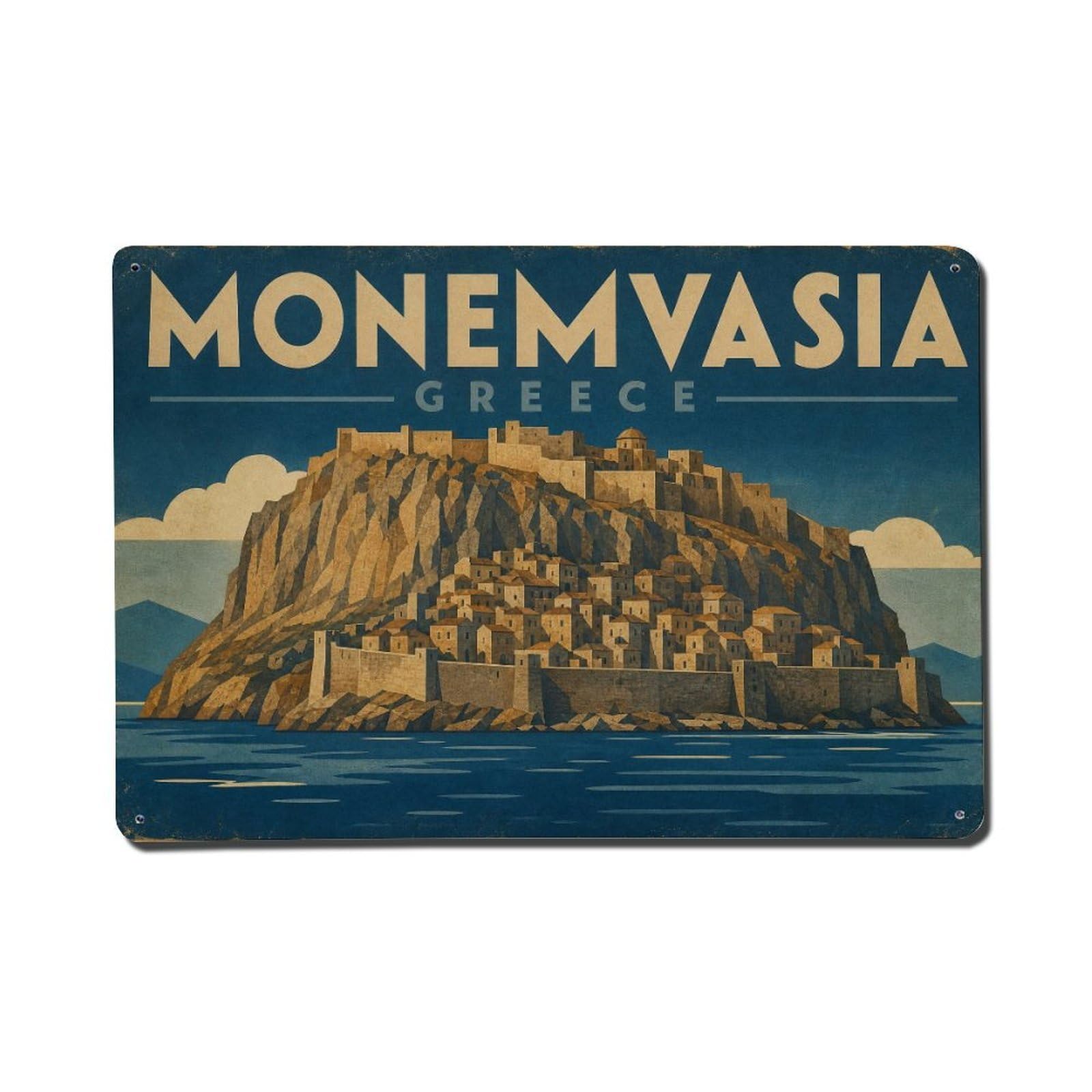 Retro Travel Greece Monemvasia Metal Tin Sign Plaque Wall Decor for Cafe, Club Bar, Office, Garden Metal Poster 8x12Inch