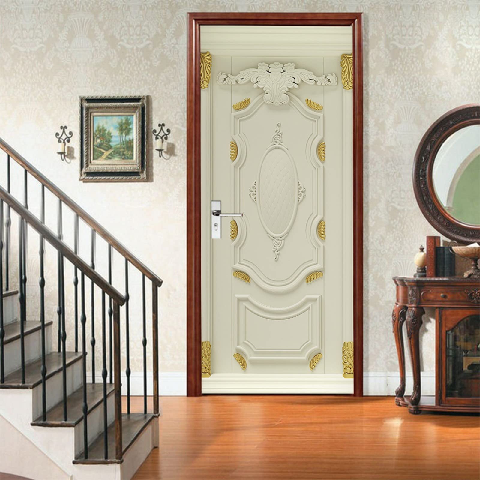 A.Monamour Adesivo Porta Autoadesiva Classica Porta In Legno Bianco Con Rilievi Dorati Vinile PVC Adesivi per Porte Interne 3D Pellicola Adesiva Poster Sticker Murale Parete Carta da Parati