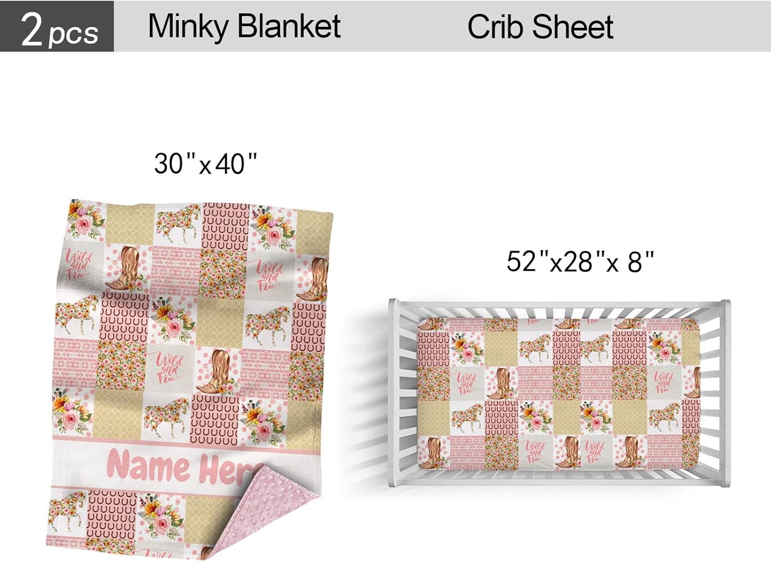 Personalized Floral Horse Baby Girl Crib Bedding Set, Custom Name Comforter, 2 Piece Set with Fitted Sheets