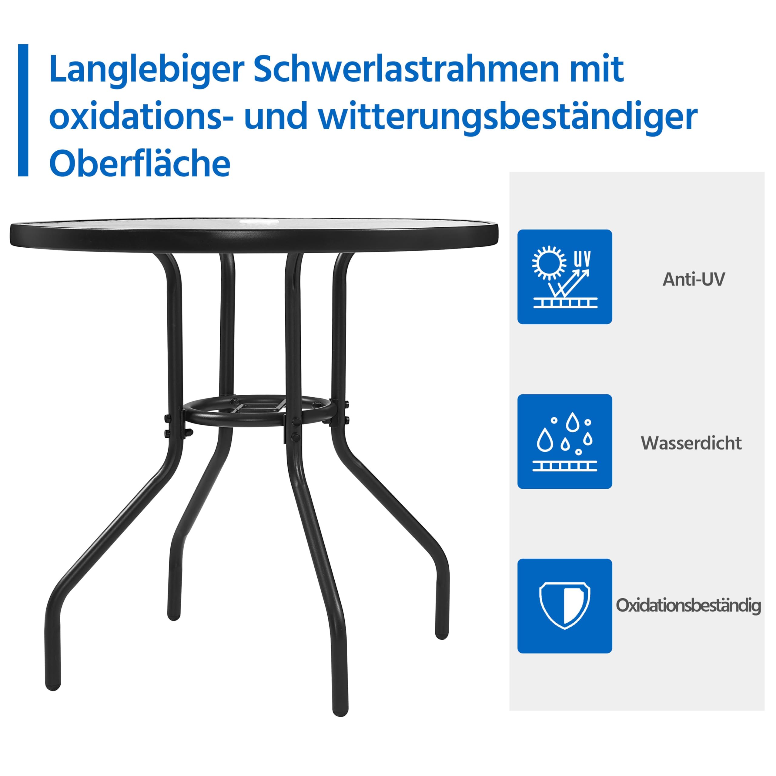 Yaheetech Ø70 cm Gartentisch Bistrotischrund Glastisch, Pflegeleichter Balkontisch mit Schirmloch & Glasplatte Terrassentisch Kaffeetisch Terrassentisch aus Metall für Garten/Balkon/Terrasse, Schwarz