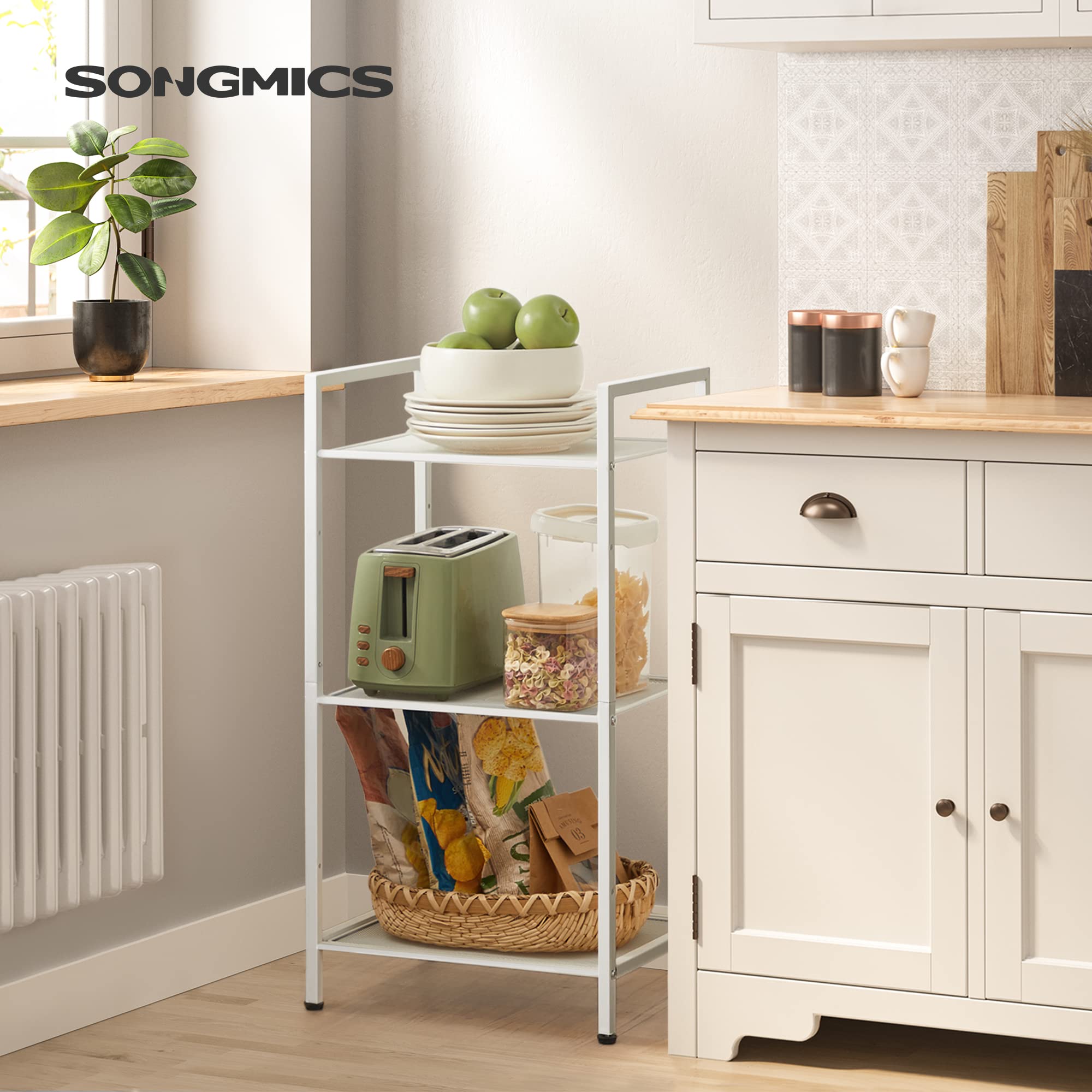 SONGMICS Scaffale portaoggetti a 3 livelli personalizzabile per bagno, soggiorno, balcone, cucina, bianco UBSC033W01