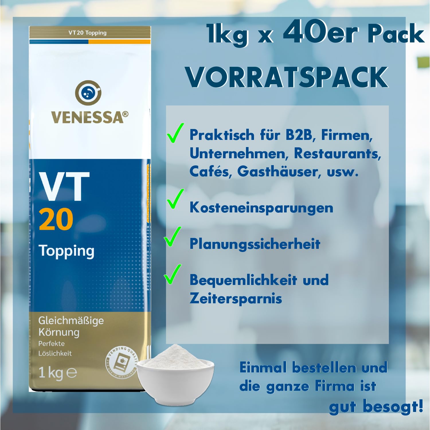 Venessa VT 20 Topping Mleko w proszku 40 x 1 kg dla klientów biznesowych, rozpuszczalne, idealne do kawy z mlekiem, latte, cappuccino, opakowanie 40 sztuk – wszystkie ekspresy do kawy i nadają się do