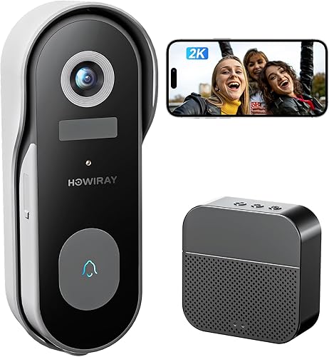 Timbre inalámbrico con timbre, cámara de timbre de video HOWIRAY 2K FHD, timbre inalámbrico inteligente WiFi con detección de movimiento PIR, audio