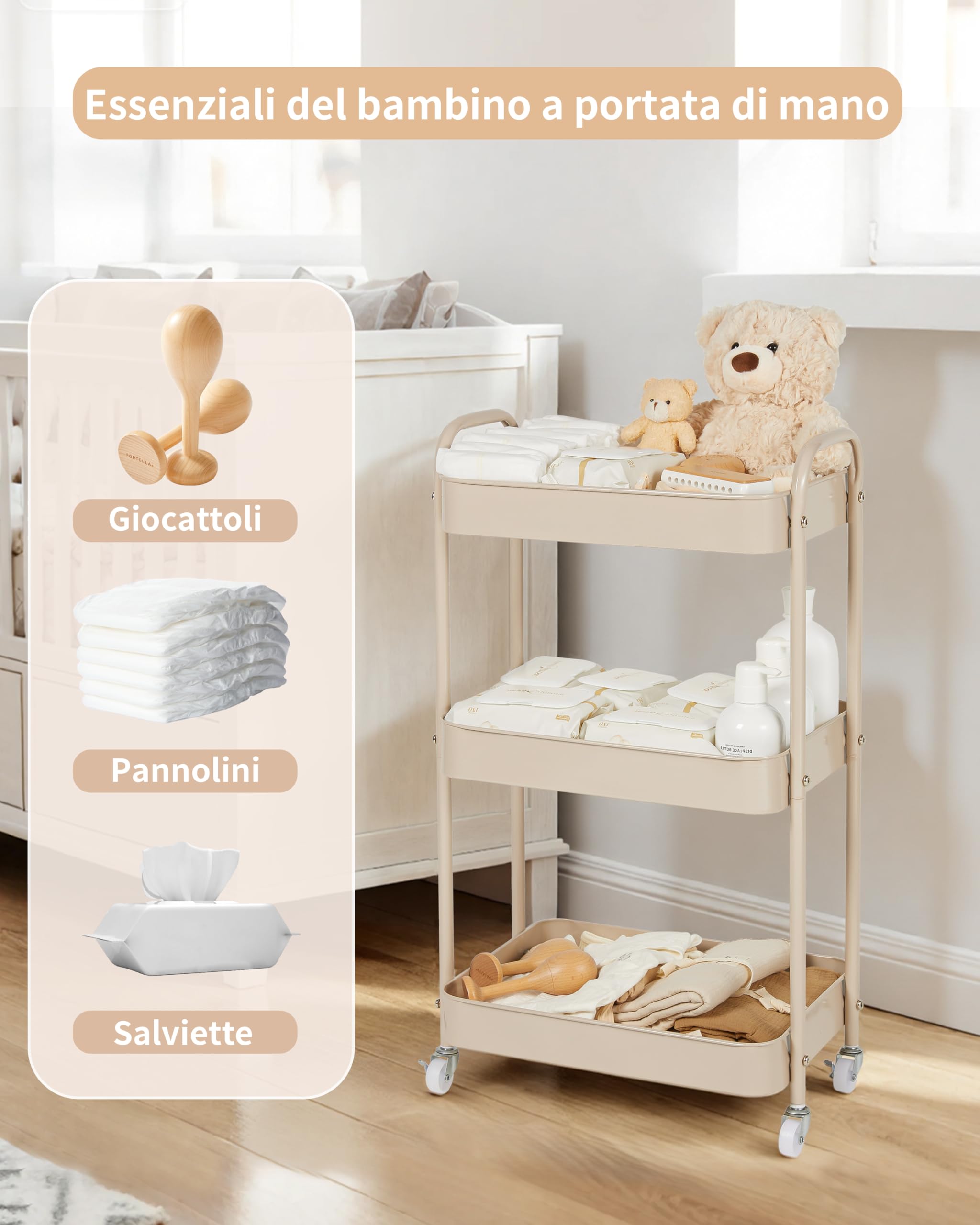 Fortella Carrello con Ruote Portatutto, Organizer Fasciatoio per Neonati Portatile, Ideale per Fasciatoio Neonato Bagno, Regalo Nascita Bimbo, 3 Ripiani Carrello Porta Attrezzi, Cucina (Marrone)