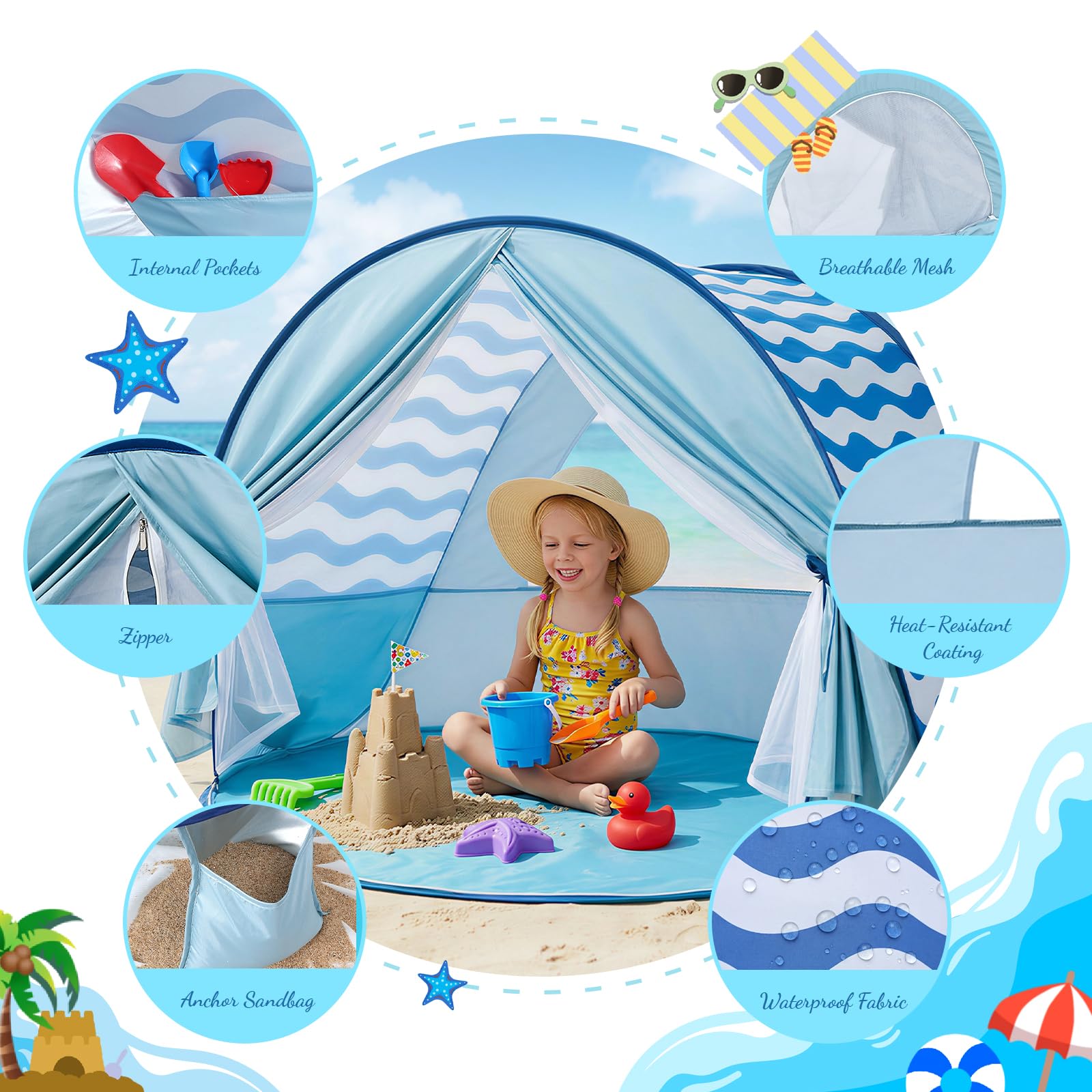 Tente de plage pop-up pour bébé : pare-soleil Apojungle pour tout-petits, protection UV pour garçons et filles, grande tente familiale, abri solaire, auvent coupe-vent pour camping, pique-nique, parc