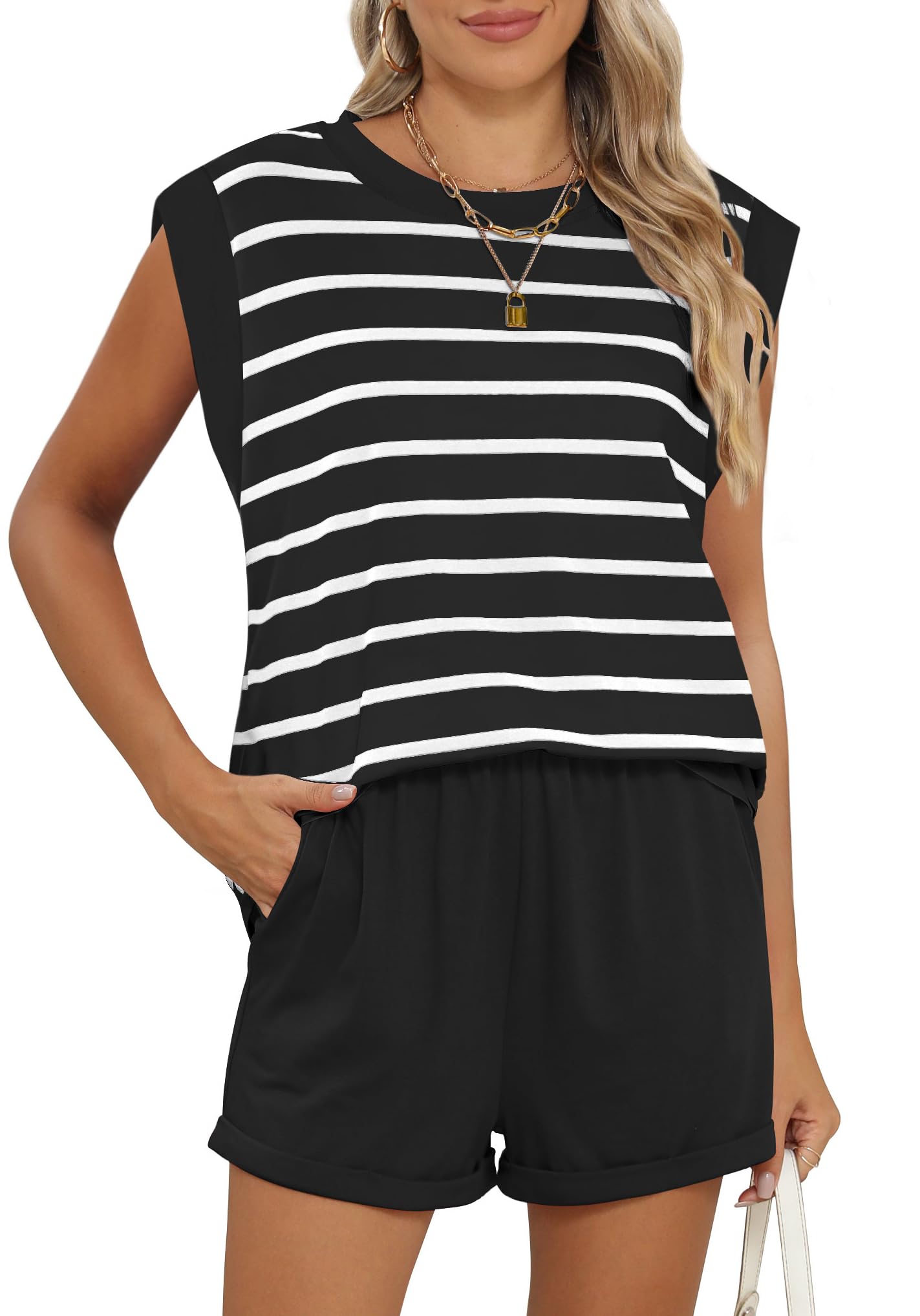 RUBZOOF 2 Piece Outfits for Women Lightweight Matching Lounge Sets Cap Sleeve Top and Elastic Waisted Shorts