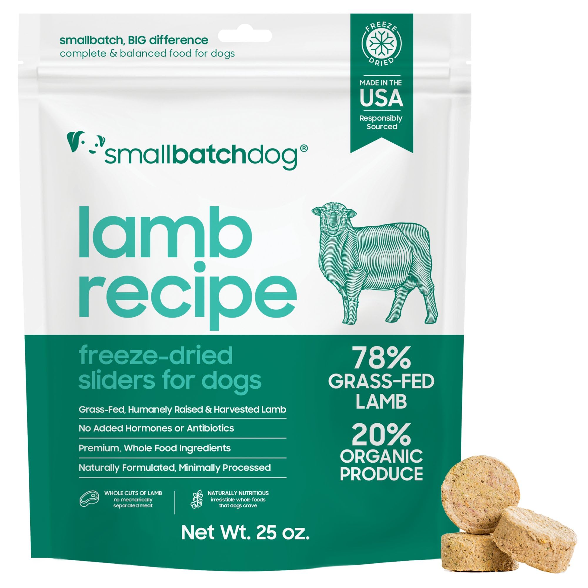 smallbatch Pets Freeze Dried Raw Dog Food, Lamb Recipe, 25 oz, Organic High Protein Dog Food, Grain Free, Made in The USA, Humanely Raised Meat,