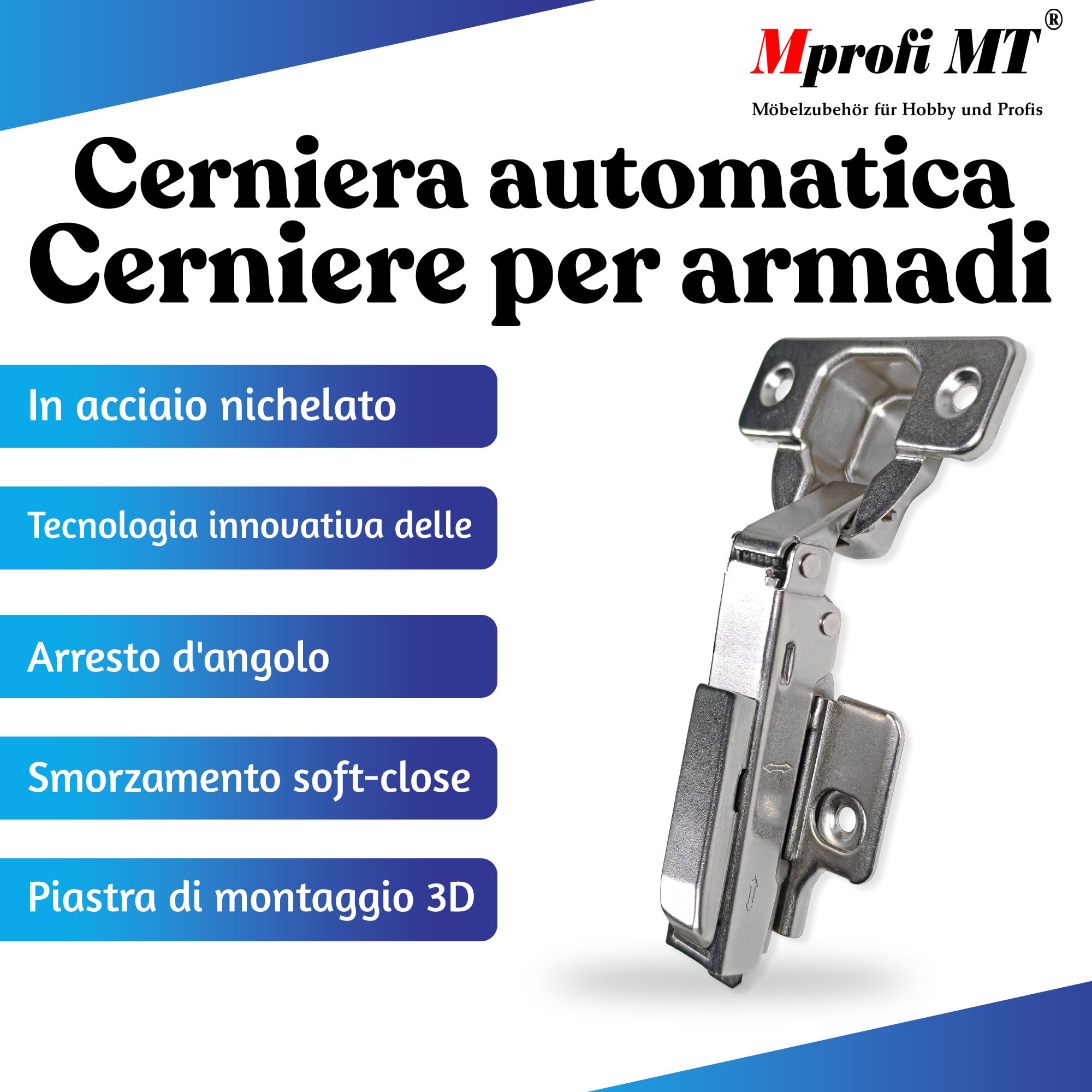 Mprofi MT® 20 Pezzi | Cerniere Ammortizzate per Ante Cucina con Piastra di Montaggio 3D | Ø35mm Battuta Esterna Clip 110° | Cerniere per Armadio | Cardini per Mobili | Cerniera a Molla