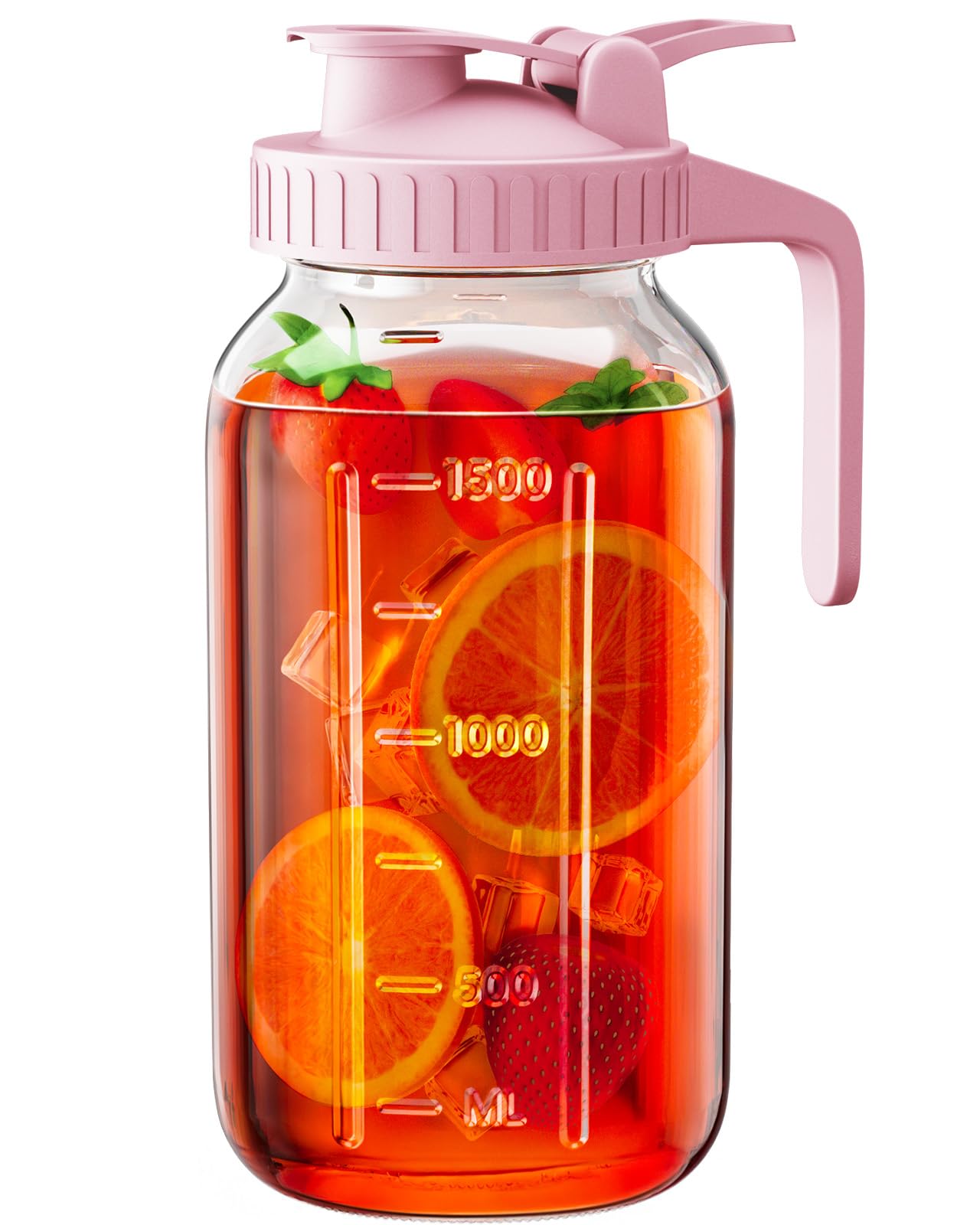 64 oz Glass Pitcher with Lid, Large Wide Mouth Mason Jar with Pour Spout, Pink Sun Tea Jar for Outside, Glass Water Pitcher Great for Drink, Cold Beverages and Breast Milk