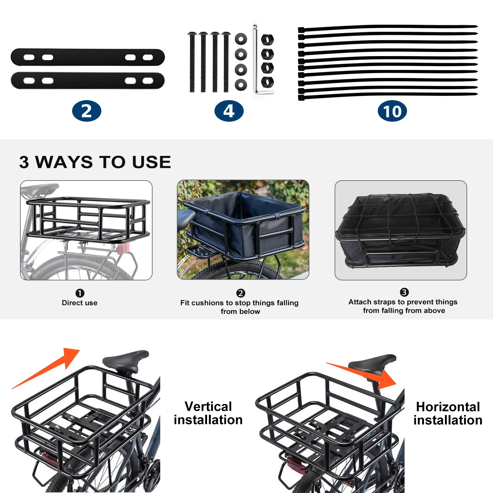 SULISAIS Bike Basket, Rear Rack Bicycle Basket with Waterproof Cover, Cargo Net and Liner, Suitable for Mountain Bicycle Heavy Duty Bicycle and E-Bike, Black, Large Size