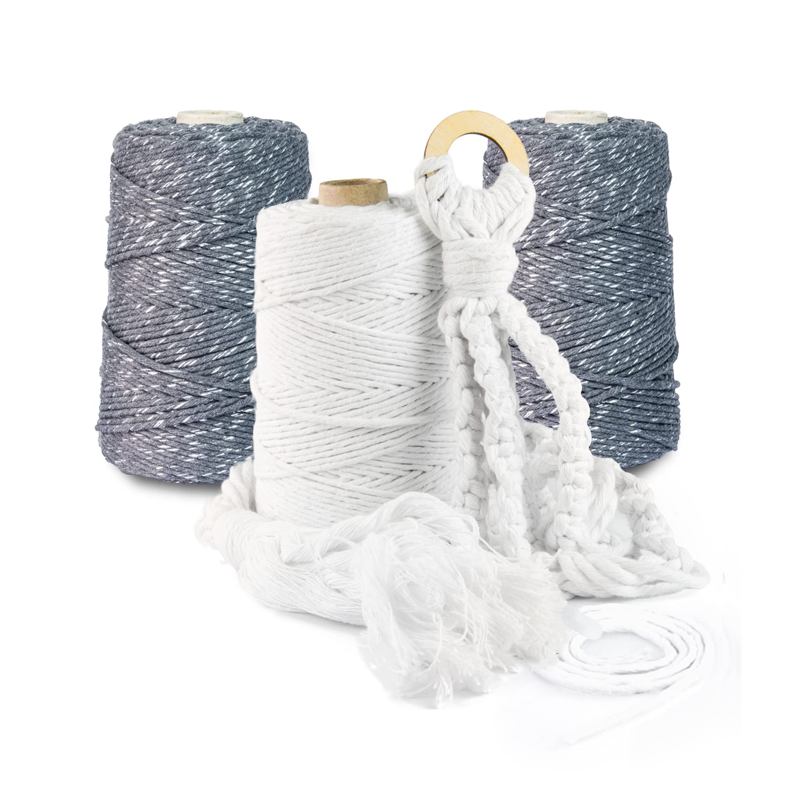 Hilo de macramé de alta calidad, 1000 m, 3 mm, color gris oscuro con hilo plateado, 100 % algodón, cordón natural, hilo de algodón, decoración para manualidades