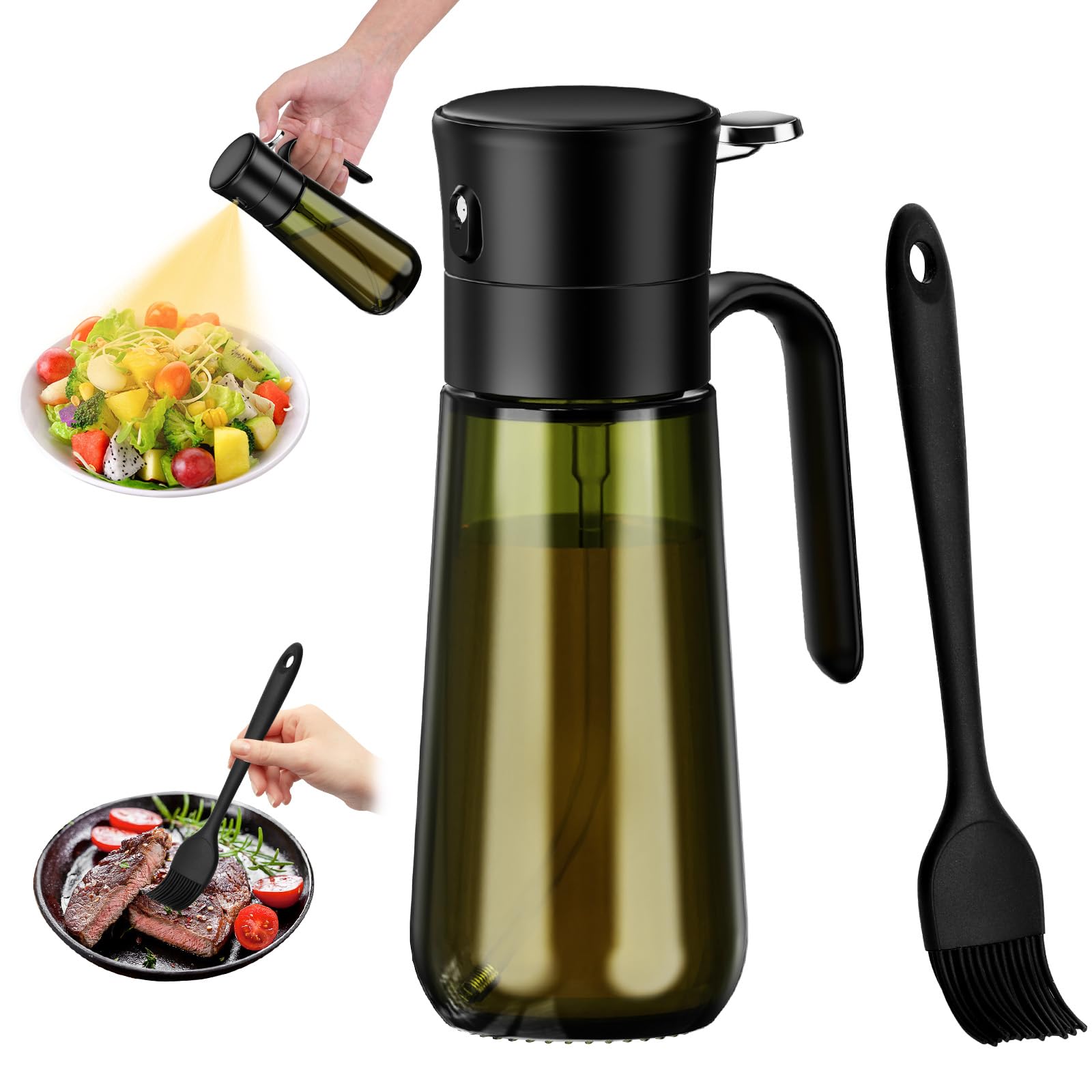 Euqvunn Olive Oil Spray Bottle with Basting Brush, 280ml Light-Proof Glass Oil Sprayer to Preserve Freshness, Ideal for Salad Dressing, Baking & Grilling