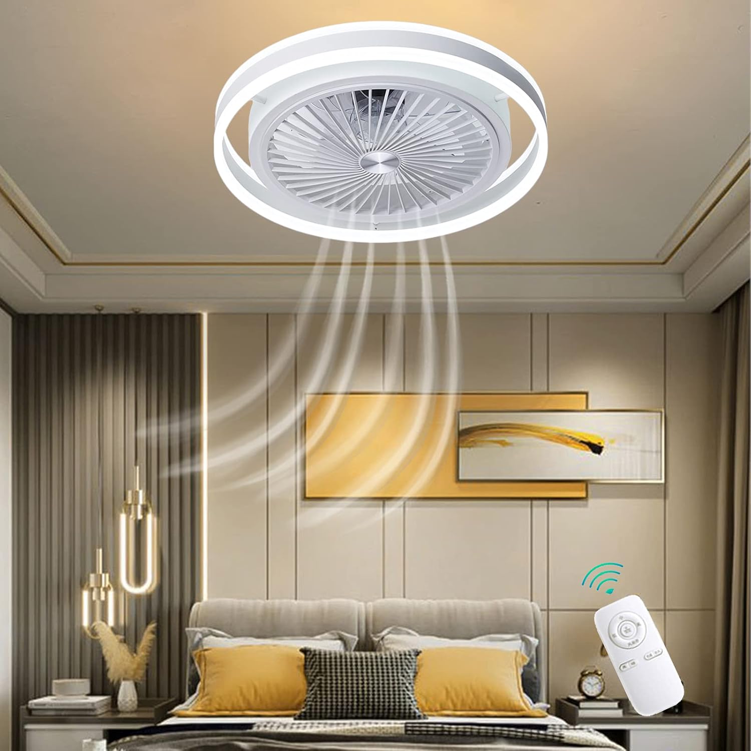 VOMI Silencioso Ventilador de Techo con LED Luz Regulable Control Remoto Lámpara de Ventilador 50W Moderno Cuchilla Escondida Ultradelgado Salón Metal Ventilador 3 Velocidades de Viento Ajustables