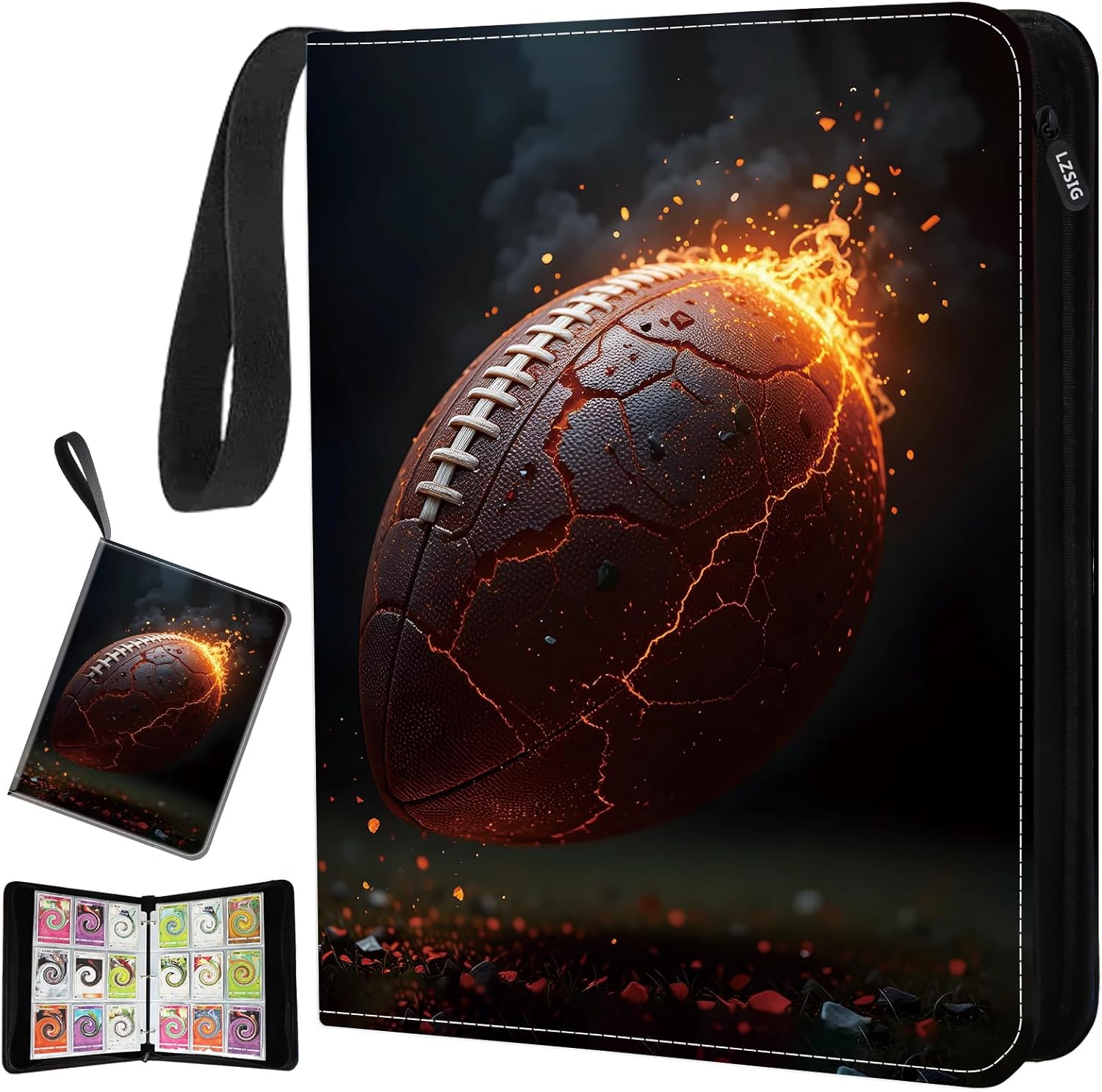 9-Pockets Football Card Binder – Can hold 1008 Cards with 56 Removable Sleeves, 3-Ring Zipper Sports Book Compatible with Game Cards, Trading Card Collector Album, Gifts for Boys