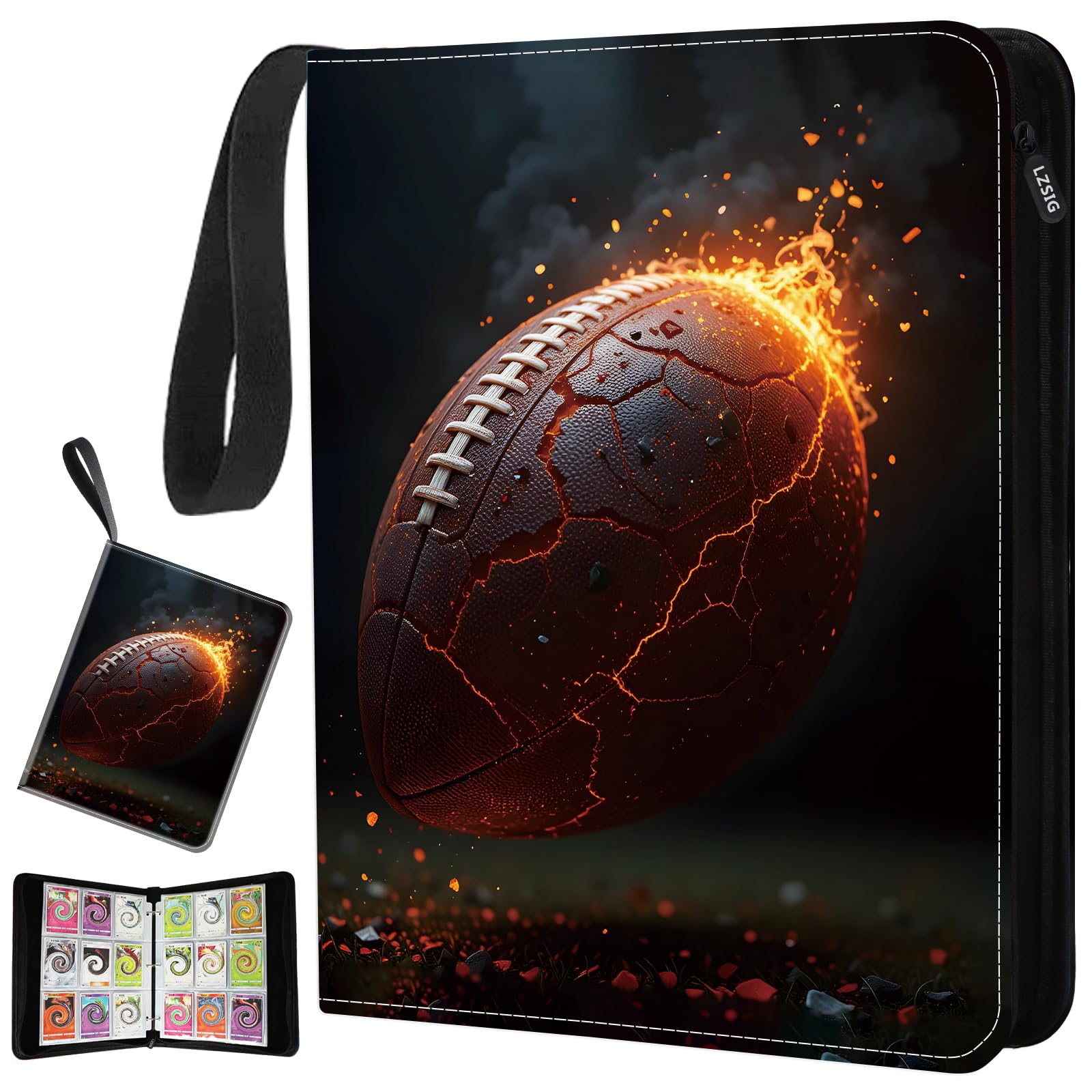 9-Pockets Football Card Binder - Can hold 1008 Cards with 56 Removable Sleeves, 3-Ring Zipper Sports Book Compatible with Game Cards, Trading Card Collector Album, Gifts for Boys