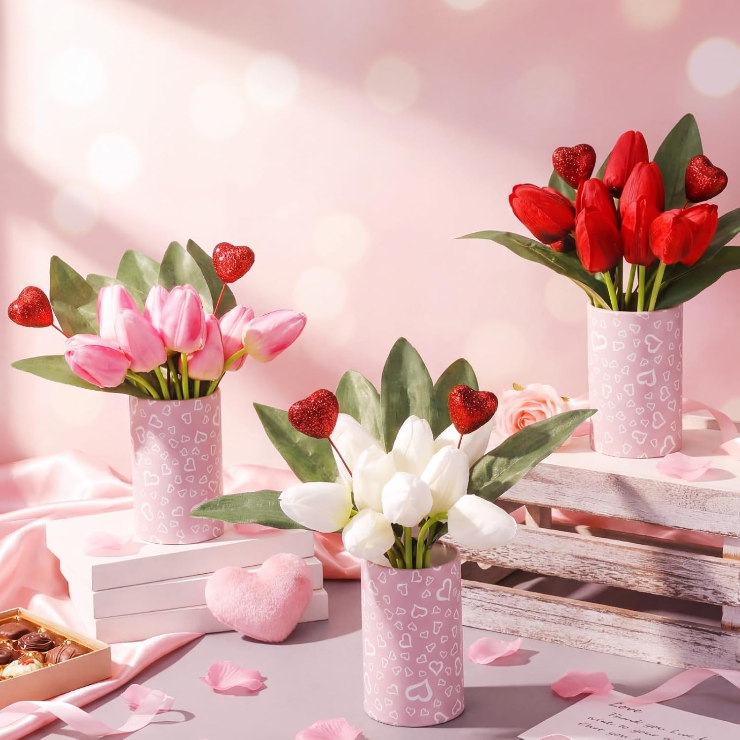 Suncalla 3 Set Mother's Day Table Centerpieces Vintage Artificial Tulips Flower Bouquet with Paper Bucket & Glitter Foam Heart Picks for Wedding Dining Room Tiered Tray Party Decor