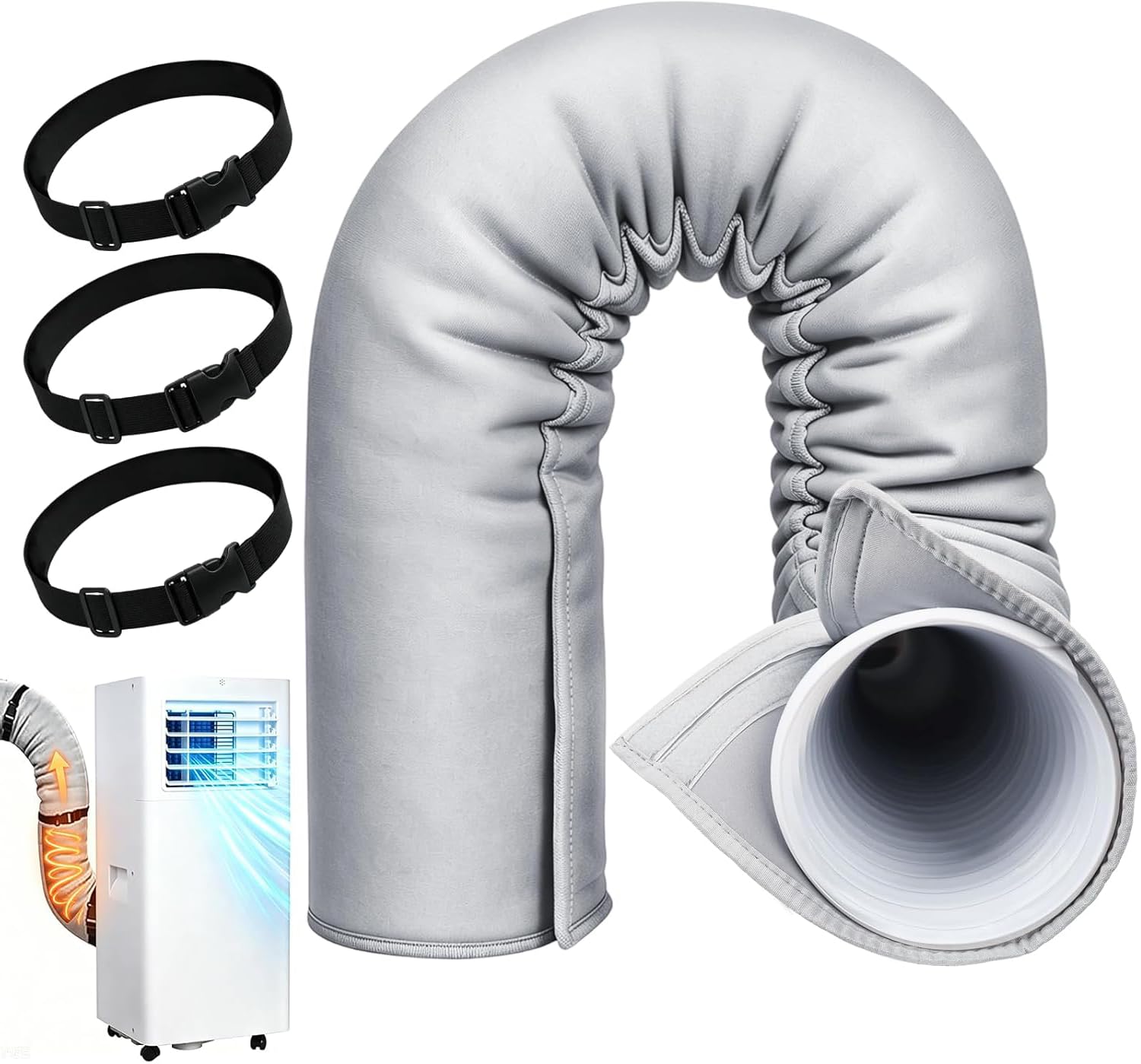 Portable AC Hose Insulation Sleeve,Air Conditioner Hose Cover Wrap,Fits for 5" & 5.9" Diameter Exhaust Hose,Insulated Hoses Duct Vent Cover,AC Hose Duct Vent Cover Sleeve,Easy to Install(3 Strap,Gray)