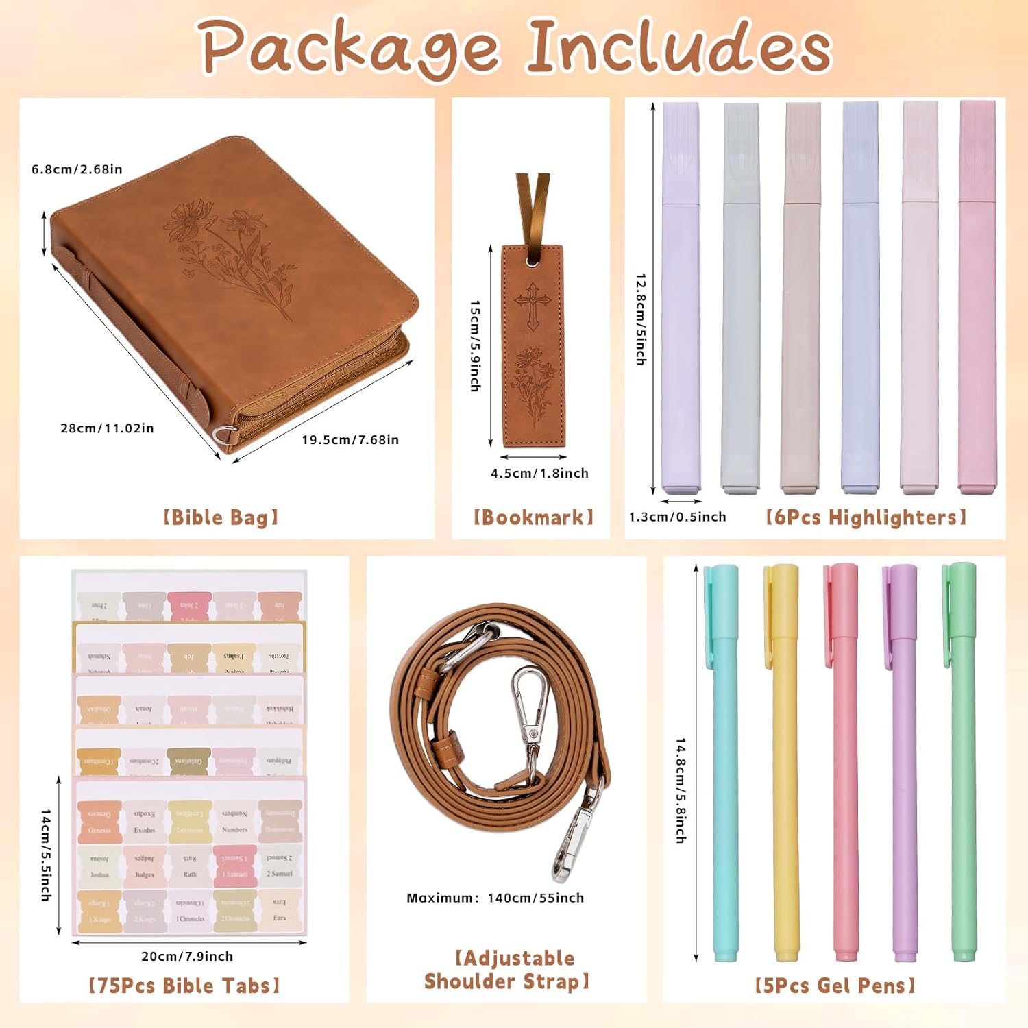 19PCS Floral Brown Leather Bible Cover for Women Bible Cover Cases for Teen Girls Christmas Gift Christian Carrying Bag Journaling Kit with Shoulder Strap Highlighter Pens & Book Marker Study Supplies