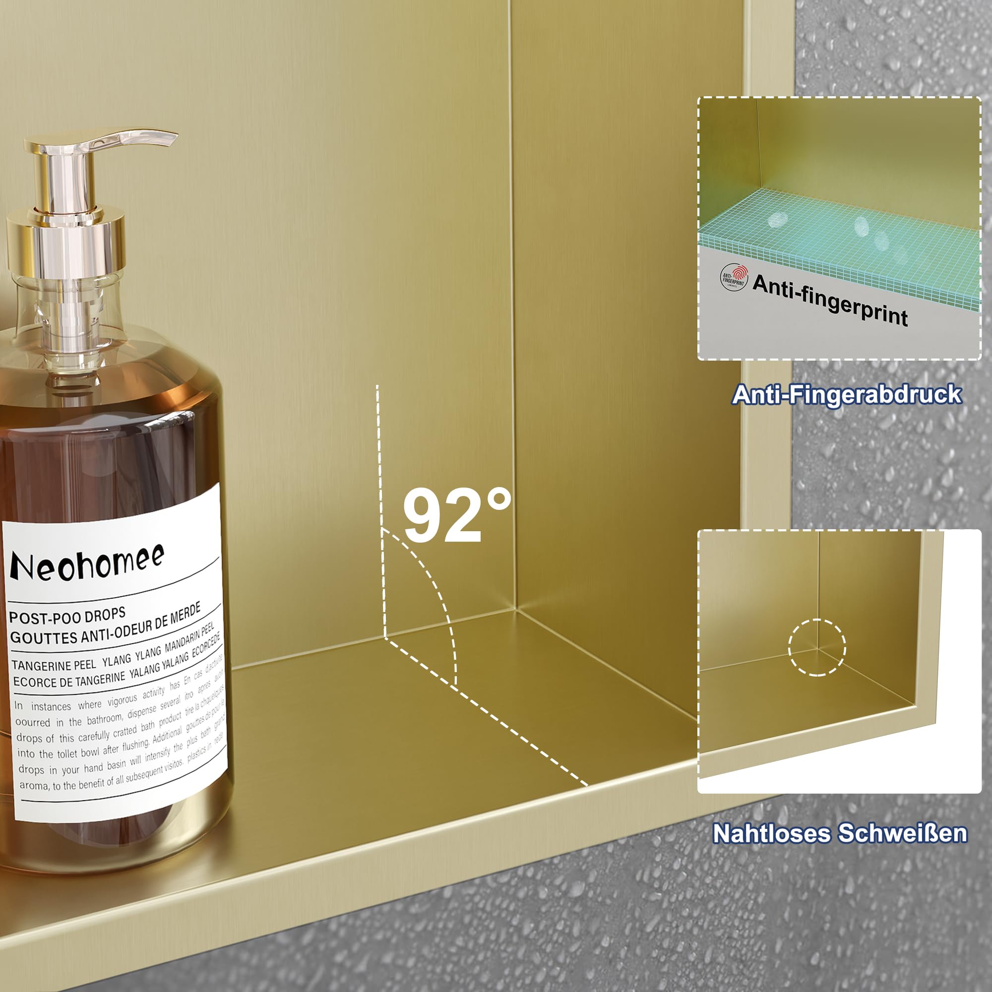 Neodrain Niche murale pour douche 60 x 30 cm en acier inoxydable 304 - Niche de douche dorée - Niche intégrée de stockage pour rénovation de salle de bain
