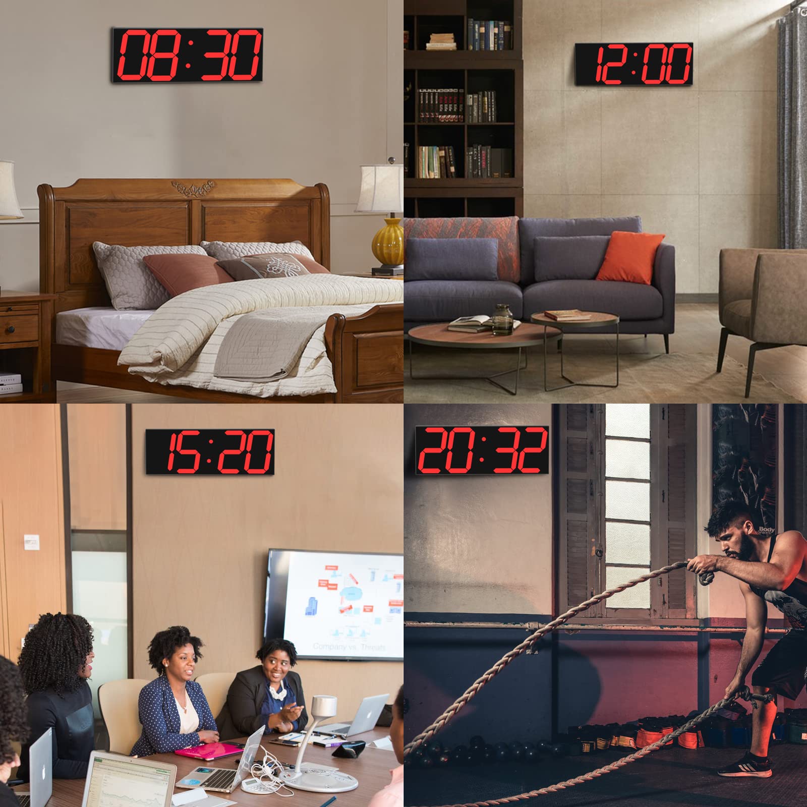 CHKOSDA Reloj LED digital de pared grande con pantalla LED de 18 pulgadas, cuenta atrás con 8 niveles de brillo ajustables, indicador de 12/24 horas, indicador de temperatura y calendario (rojo)