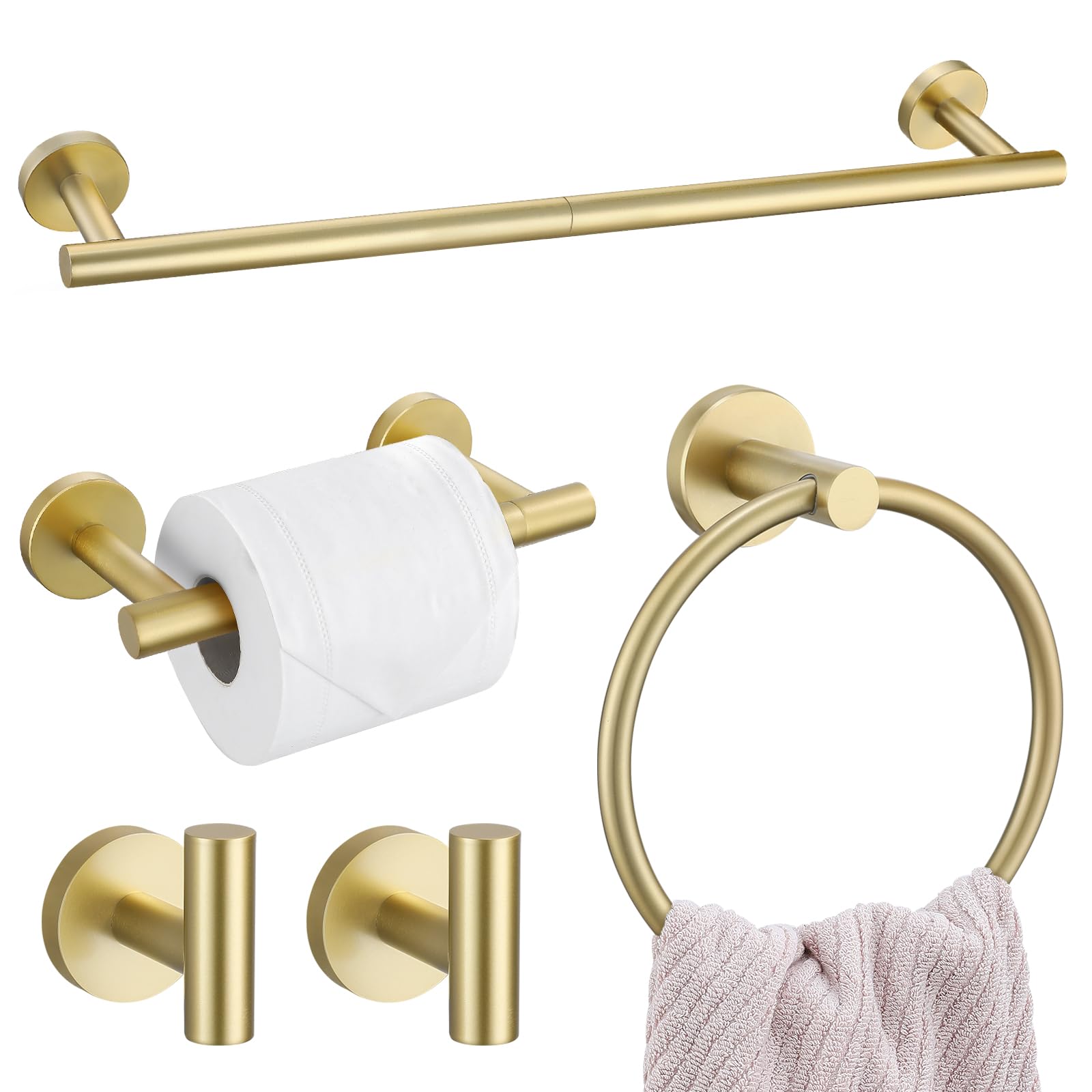 5 Pieces Brushed Gold Towel Bar Set, Upgraded Round Bathroom Hardware Accessories Set, Toilet Paper Holder Towel Holder Set for Bathroom Stainless Steel Wall Mounted 23.6Inch