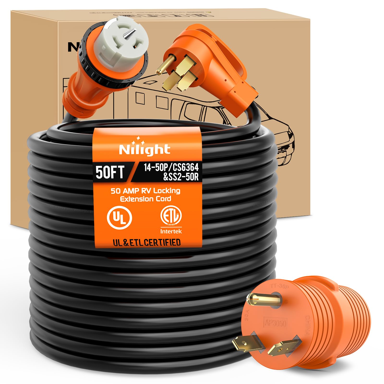 Nilight 50FT 50 Amp Generator Extension Cord 14-50P to SS2-50R &amp; CS6364
