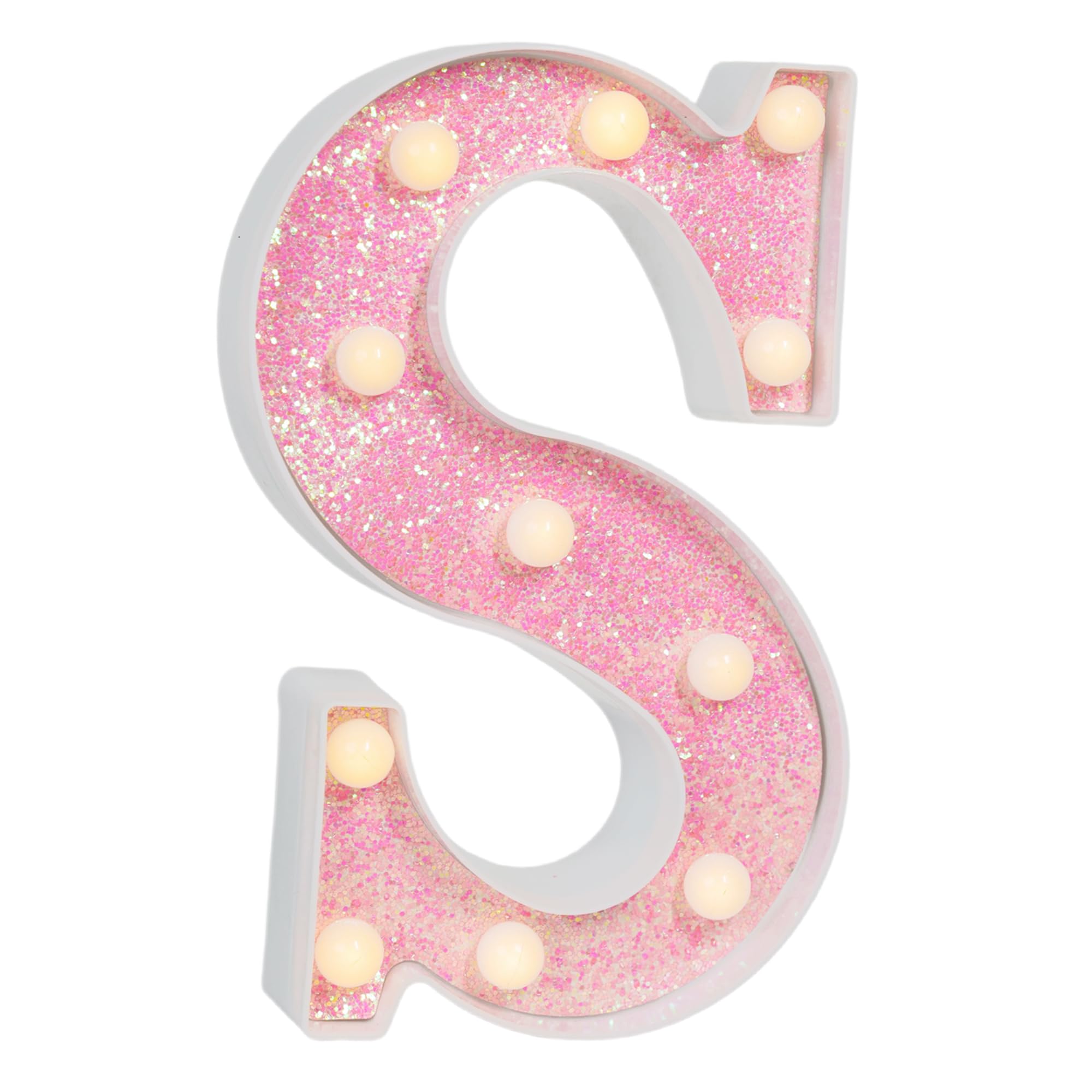 EUFONY Pink Glitter Marquee Light Up Letters, Battery Operated LED Letter Lights Signs for Pink Birthday Party Table Decorations, Wall Decor for Girls Bedroom, Initial Letter S with Warm White Lights