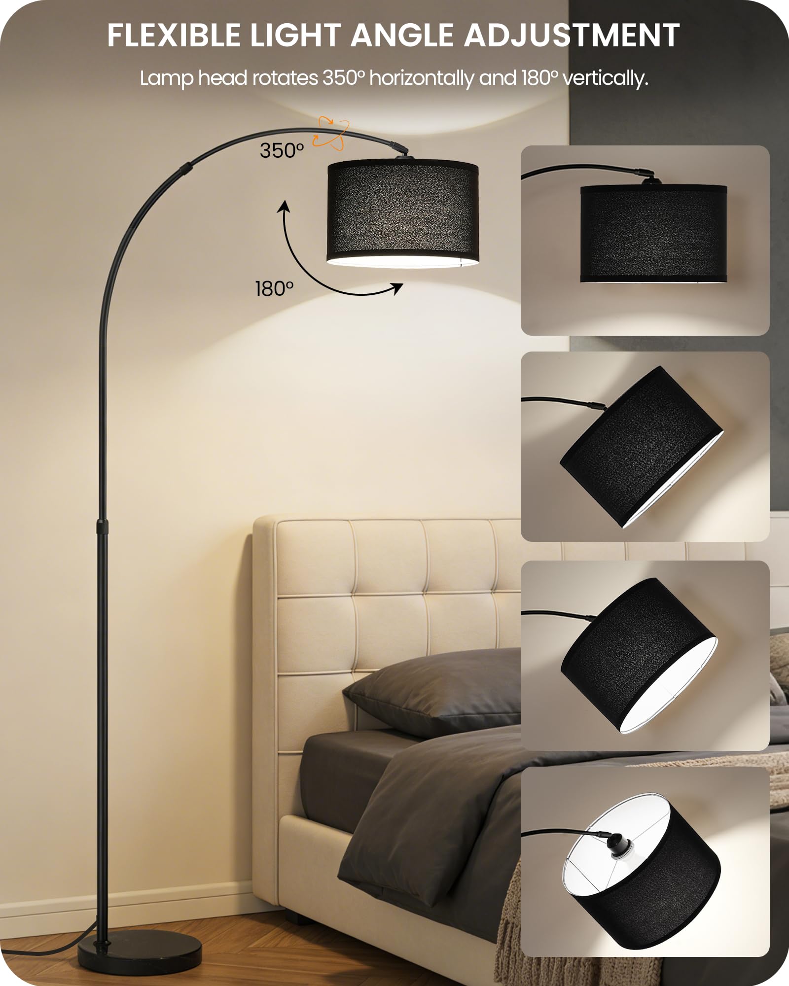 Stehlampe Wohnzimmer, 158-188 cm höhenverstellbare Bogenlampe, Dimmbare Stehleuchte mit Fernbedienung, mit LED Birne, Schwarze Standlampe für Schlafzimmer, ZB15LDD05