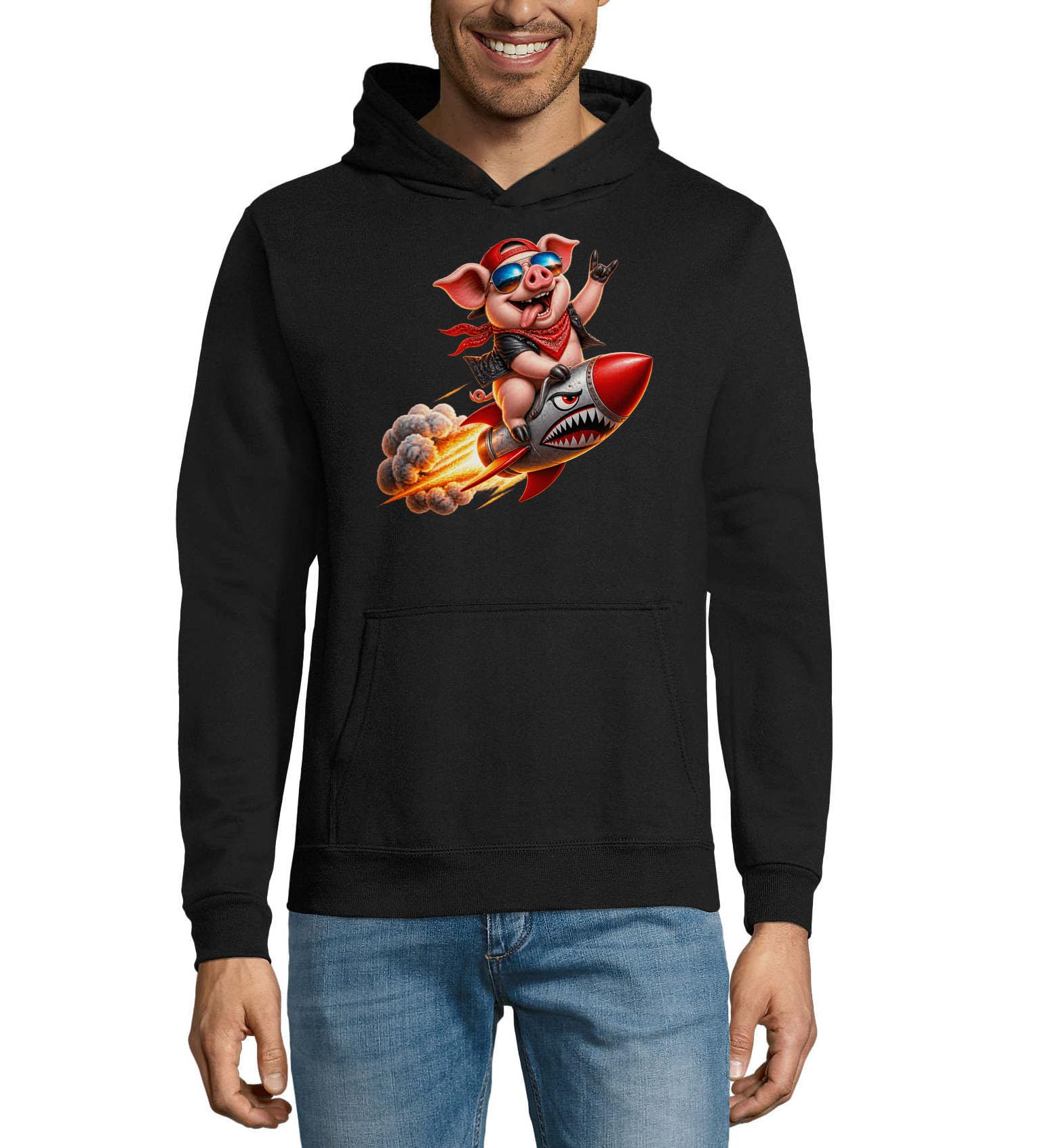 Cool Pig Riding Fiery Rocket Adventure Sweat à capuche unisexe en coton mélangé Noir