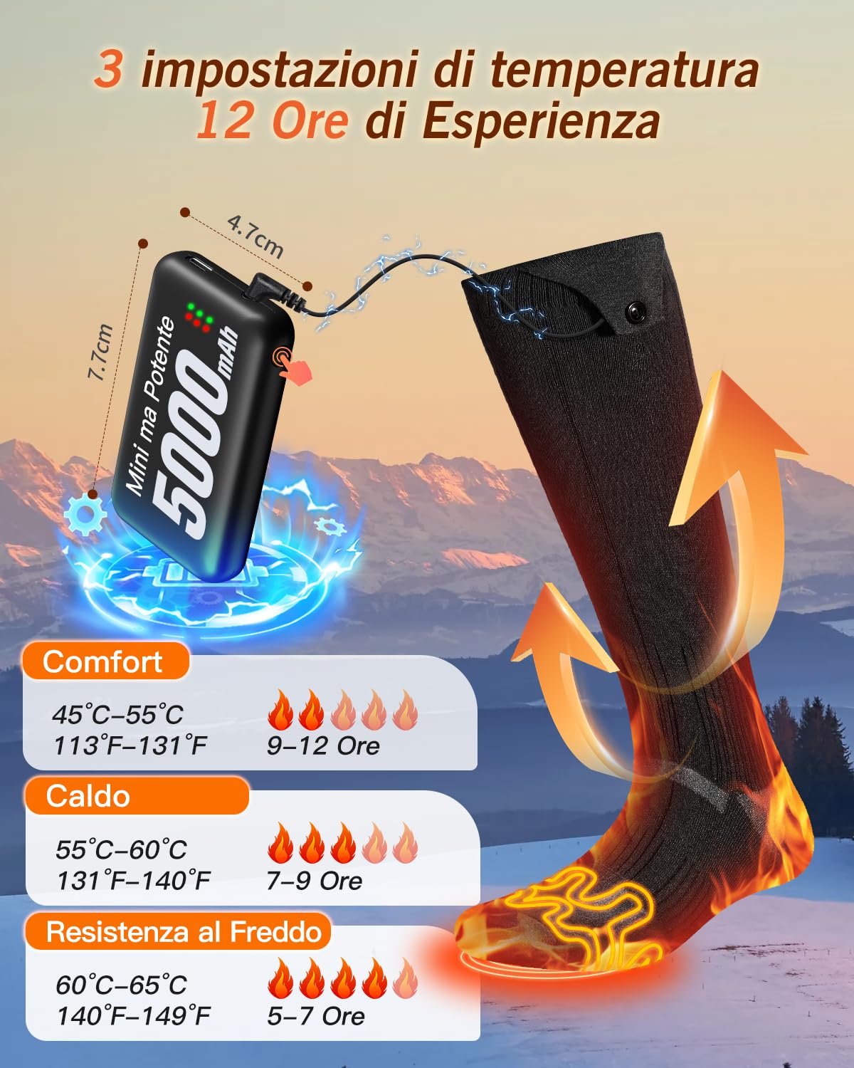 2026 Calze Riscaldate Aggiornati, Totale 10,000 mAh 5V Calze Riscaldanti Ricaricabili, 3 Impostazioni di Calore & Riscaldamento a 360 ° Calzini Riscaldati Lavabili per Sci Caccia, Nero-M