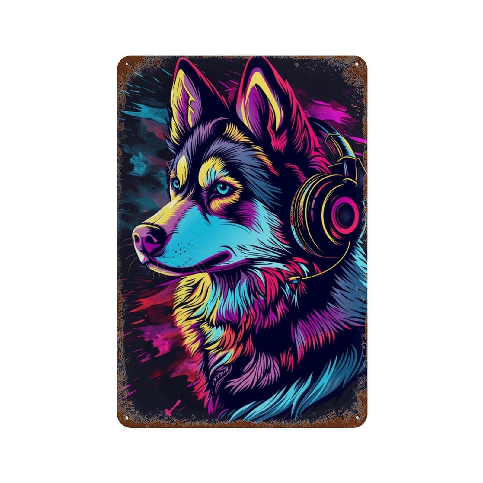 Neon Wolf Headphones Art Print -1 Weathered Tin Sign 11.8"x7.9", Decorative Metal Wall Art for Garage, Bar And Workshop Decor