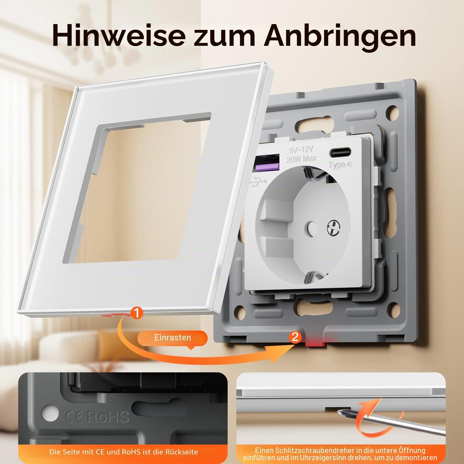 BSEED Schuko Steckdose mit USB C 20W Schnellladegerät USB Type C Wandsteckdose mit Glas Panel,3 Fach Steckdose,USB Steckdose Unterputz, Einbausteckdose Geeignet für Phone,Pad,MP3 und mehr-Weiß,4 Stück