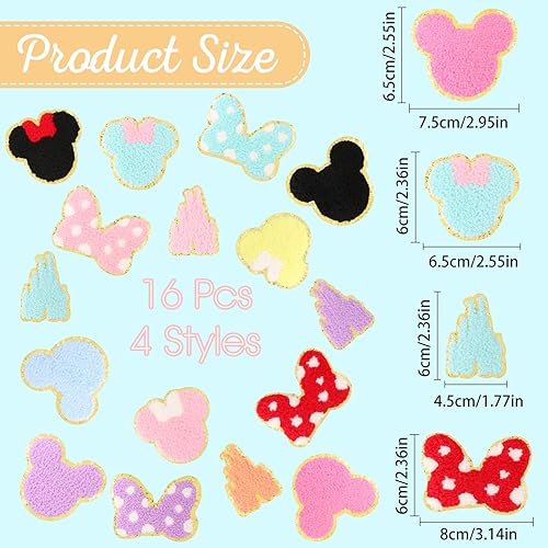 Miniatura 2 de 16 parches de felpilla para planchar con cabeza de ratón, parches bordados con lazo de castillo de ratón de chenilla, para coser, apliques bordados,