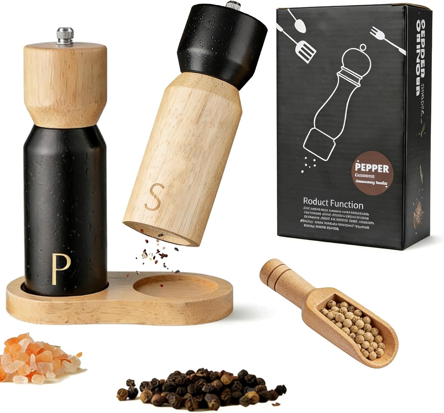 Wooden Salt and Pepper Grinder Set, Refillable Salt & Pepper Mills Shakers,Manual Pepper Mill Made of Rubber Wood with Adjustable Ceramic Steel Core,with Wooden Stand & Spoon (2pcs 6.5 inches)