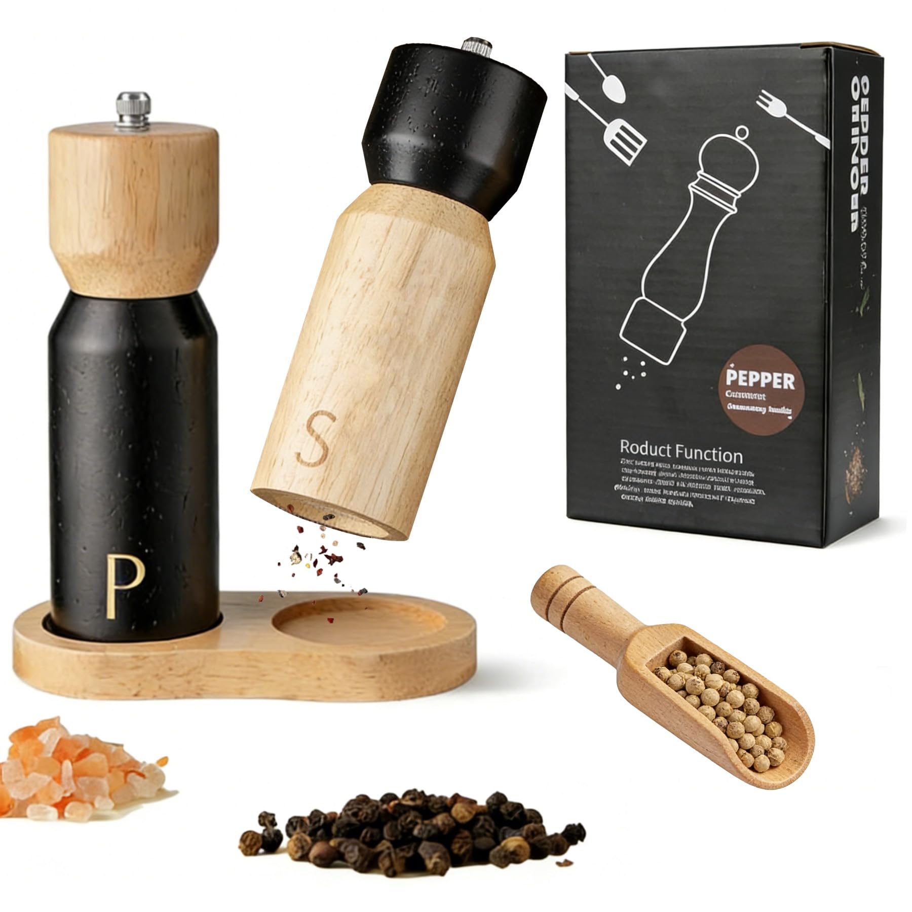 Salz und Pfeffermühle aus Holz mit untersetzer und Löffel,2er set Keramikmahlwerk Gewürzmühle,manuelle Pfeffermühle,Gewürzmühle Grinder mit verstellbarem Mahlwerk für Gewürze Pfeffer Salz 17cm