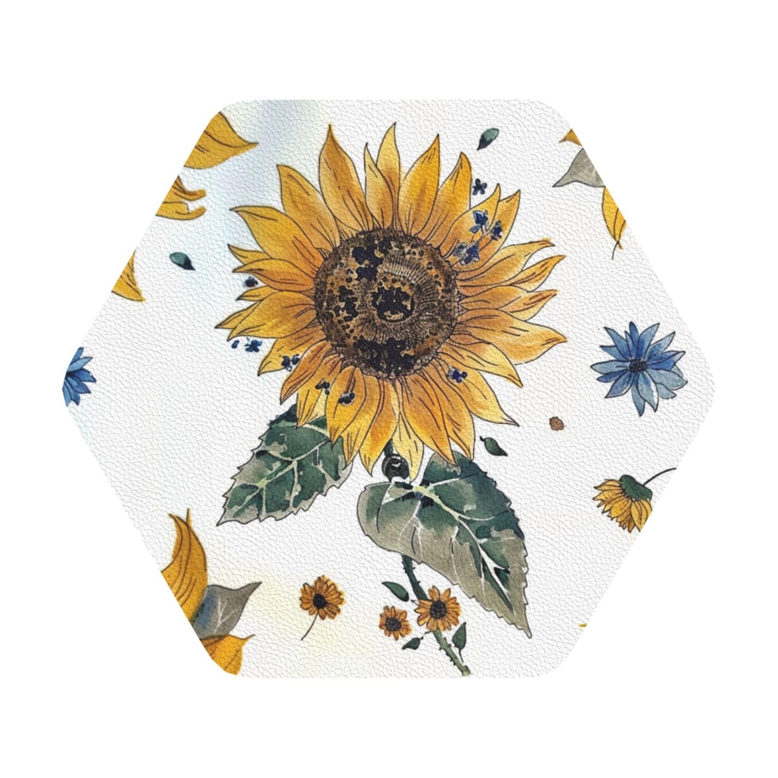 Sunflower Print Leather Coaster Set of 6, Hexagon Coasters Table Decorative Coffee Cup Beverage Coasters Wine Beer Bar Coasters for Hot Drinks Table Protection