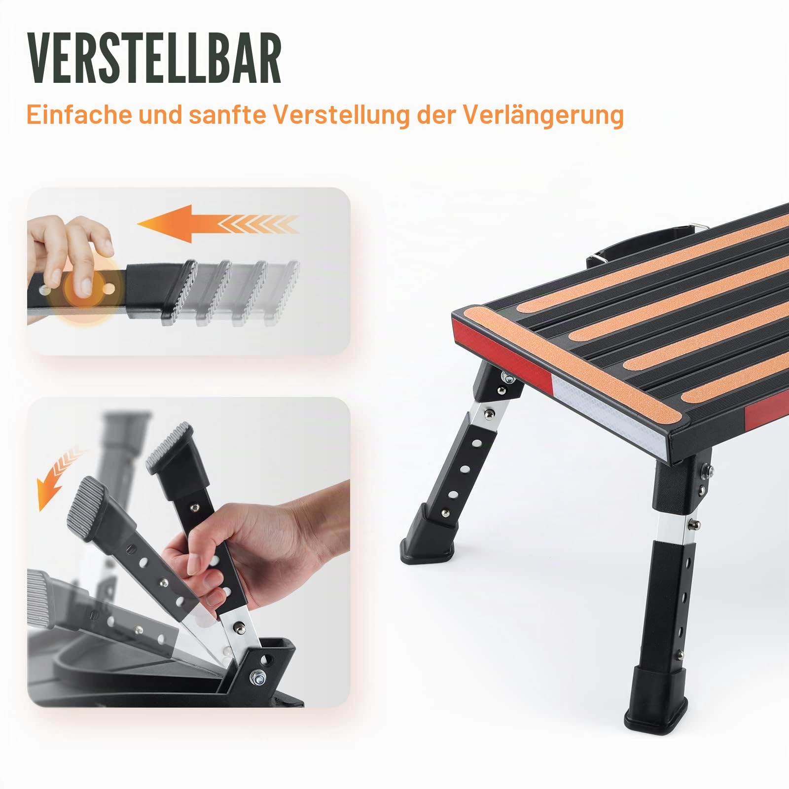 Yagud Wohnmobil-Hocker, höhenverstellbar, zusammenklappbar, mit Rutschfester Oberfläche, Gummifüßen, Griff und reflektierenden Streifen, Aluminium-Plattform-Stufe unterstützt bis zu 453 kg, Schwarz
