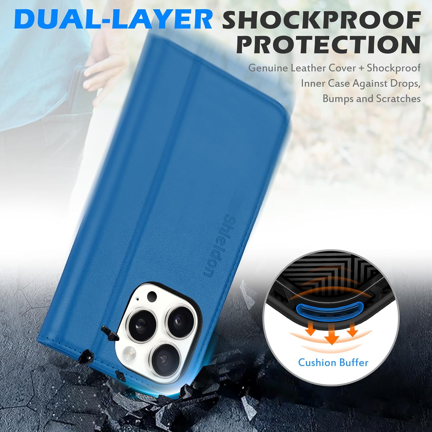 SHIELDON Wallet Case for iPhone 16 Pro 2024, Genuine Leather RFID Blocking Credit Card Holder Folio Magnetic Kicktand Shockproof Phone Cover Compatible with iPhone 16 Pro 6.3" - Sapphire Blue