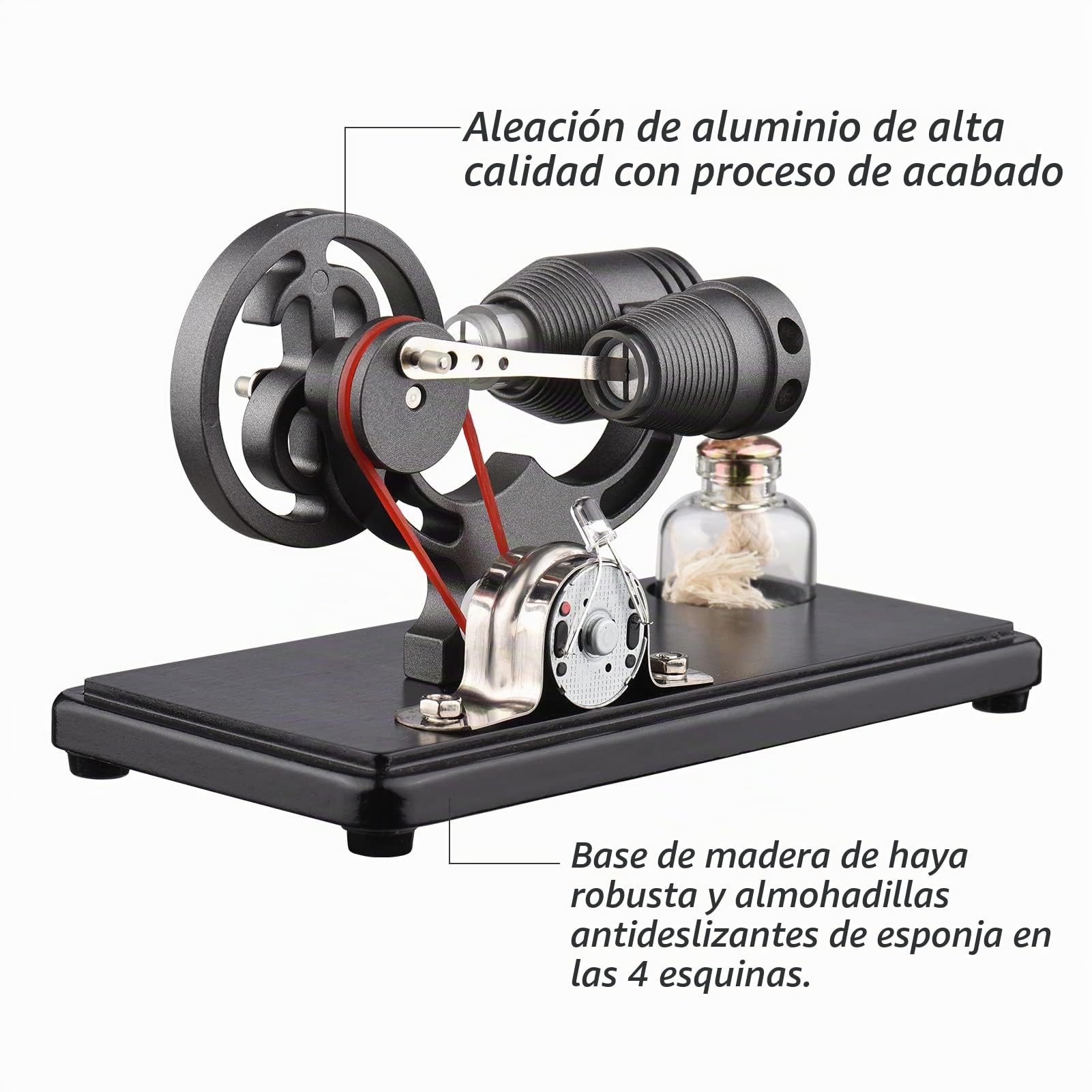 Bisofice - modelo de motor Stirling de aire caliente con luz LED, diseño de volante de inercia, experimentación científica, educativo DIY para profesores y adultos, negro
