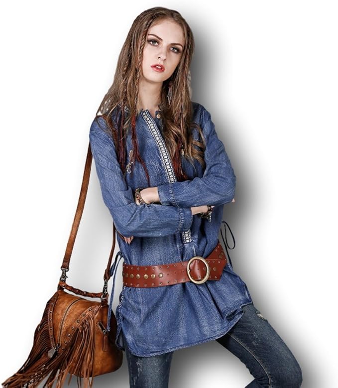 Amazon ジズル Zizzle レディース ロング丈刺繍デニム シャツ ブルー 長袖 秋用 冬用 ボヘミアン ファッション 向け コート ジャケット 通販