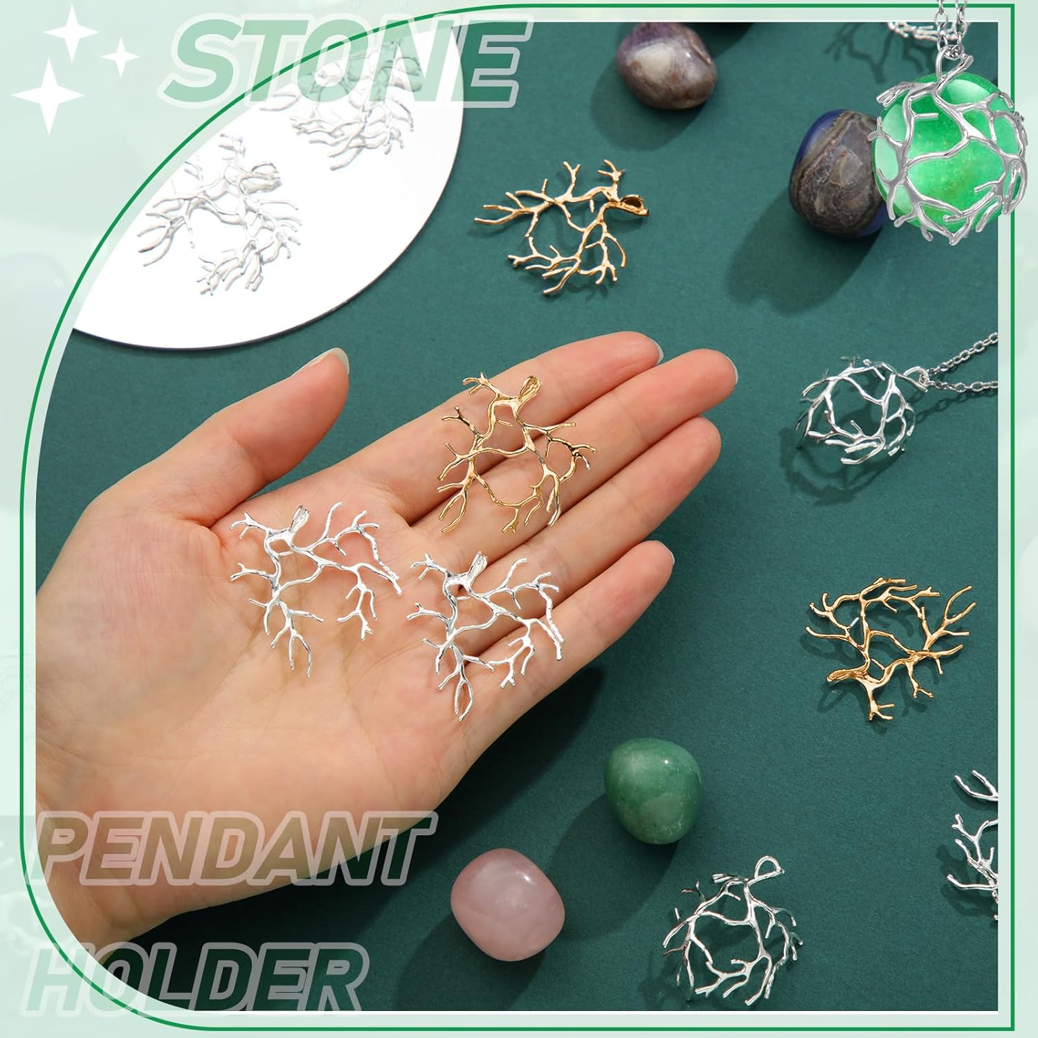 Hicarer 20 Pcs Pendant Trays for Jewelry Making Branch Shape Metal Claw Cage Pendant Holder Crystal Cage Necklace Open Bezels for DIY Necklace Jewelry Making Supplies - Image 5