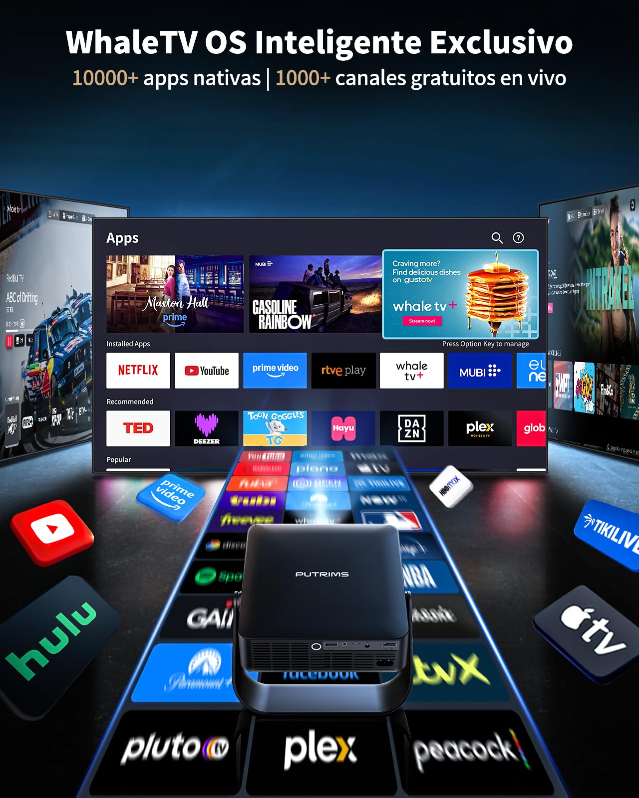 Proyector 4K【Netflix Ready+TV Directo】 Proyector Portatil App Integrada Auto Focus/Keystone 1080P FHD Nativo con HDR10, Giro 330° WiFi Bluetooth Mini Proyectors Projector Cine en Casa/Exterior/HDMI