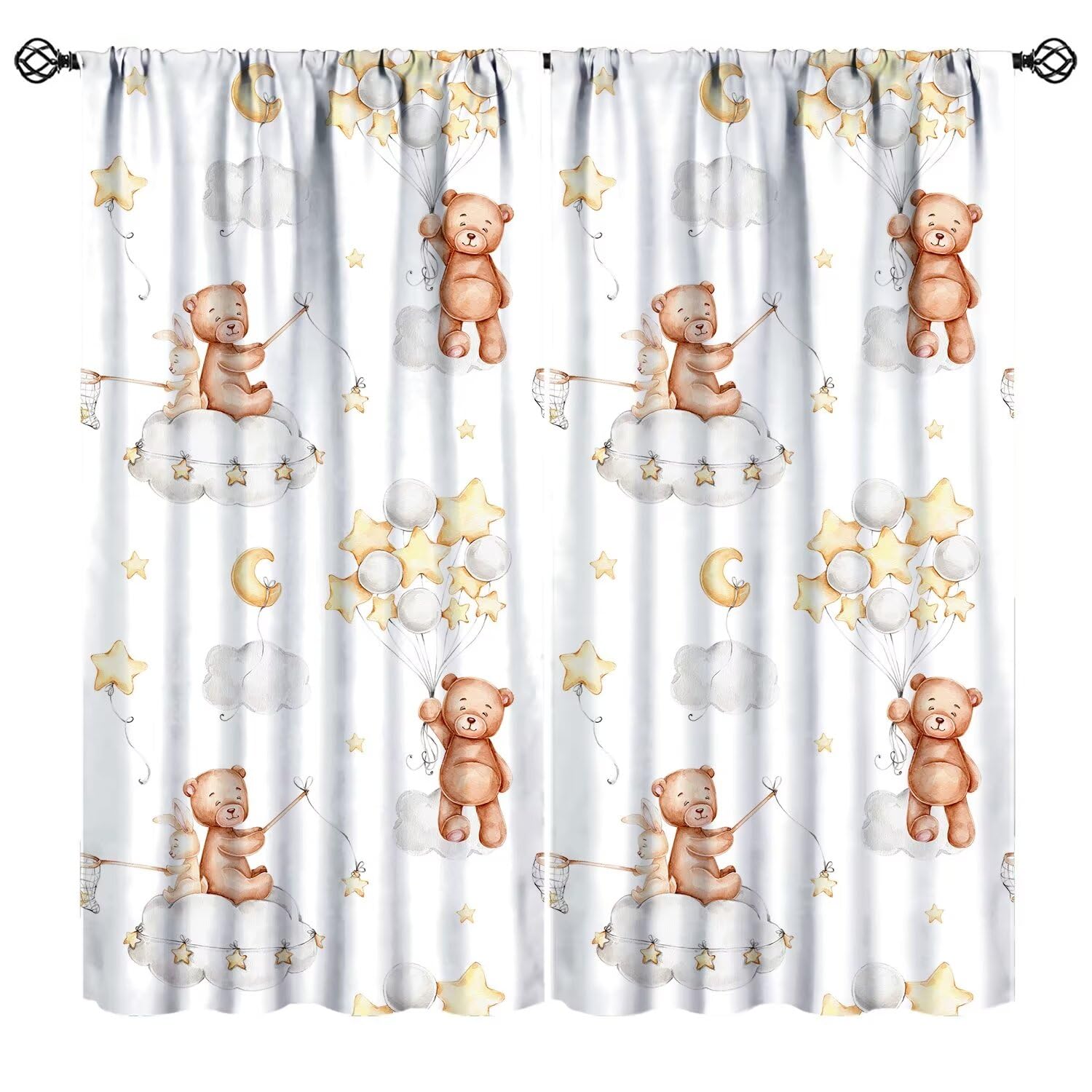 Mchenxin Cartoon Bear Curtains for Kids Boys Girls, Cute Bunny Bears Cloud Star Balloon Print Window Drapes for Nursery Toddler Baby Bedroom Living