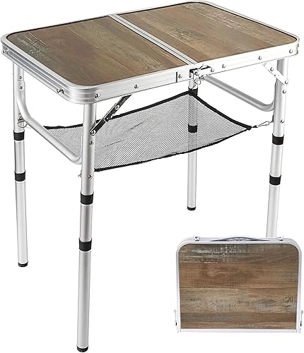 Mesa plegable pequeña de 2 pies, mesa de campamento portátil con soportes de malla, altura ajustable de aluminio ligero, con asa de transporte para